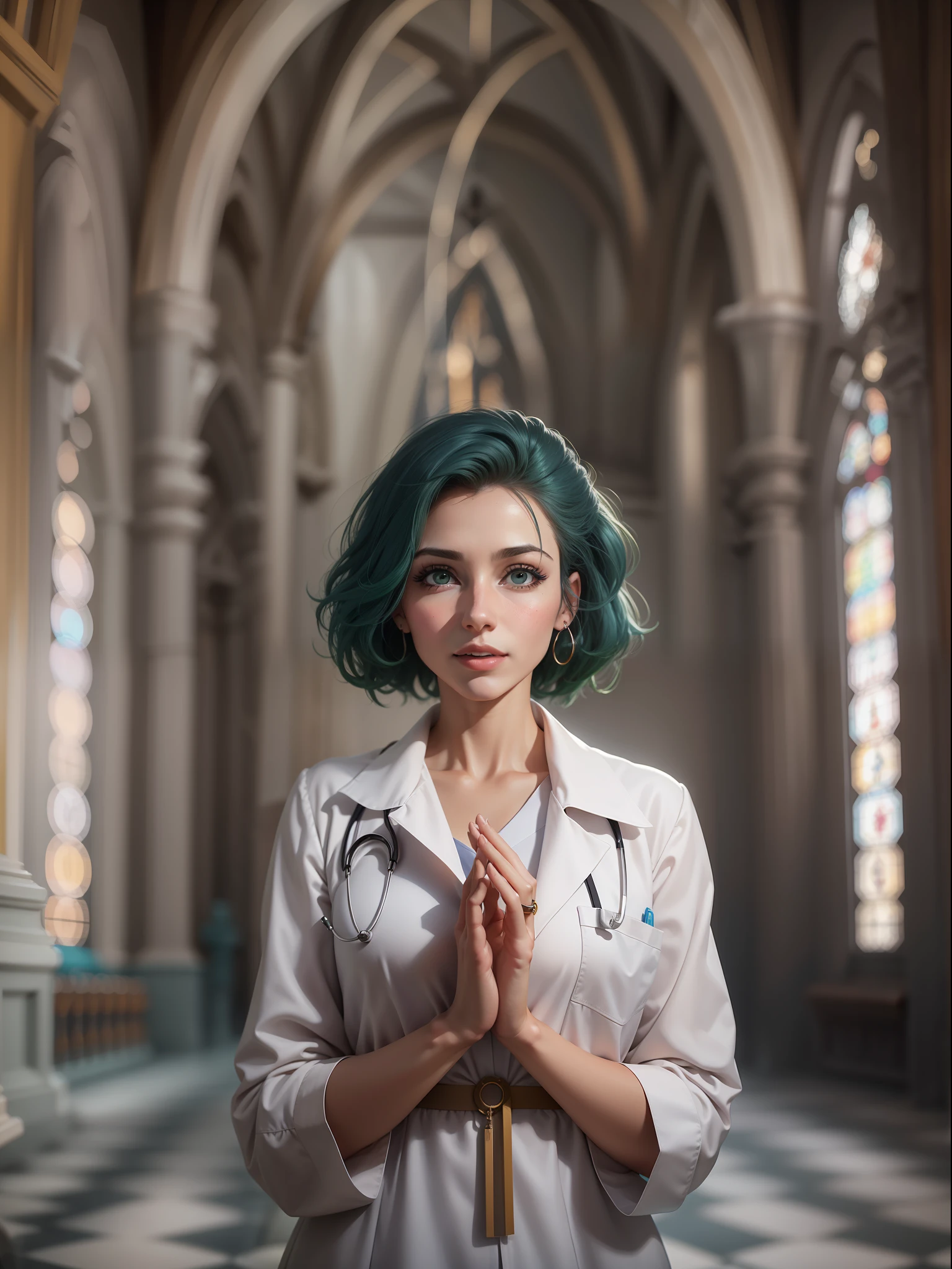 mulher branca, olhos verdes, sorrindo, female doctor, dressed as a doctor, doctor's clothing, Christian, dentro de uma igreja adventista, Pose para foto, Foto de Stock, Directed by: Emma Andijewska, Directed by: Jakob Gauermann, igreja, foto de alta qualidade, mid portrait, foto tirada, Fotografe o conjunto, high resolution photo, religión, amizade, muito expressivo, Anime realista, desenhado,