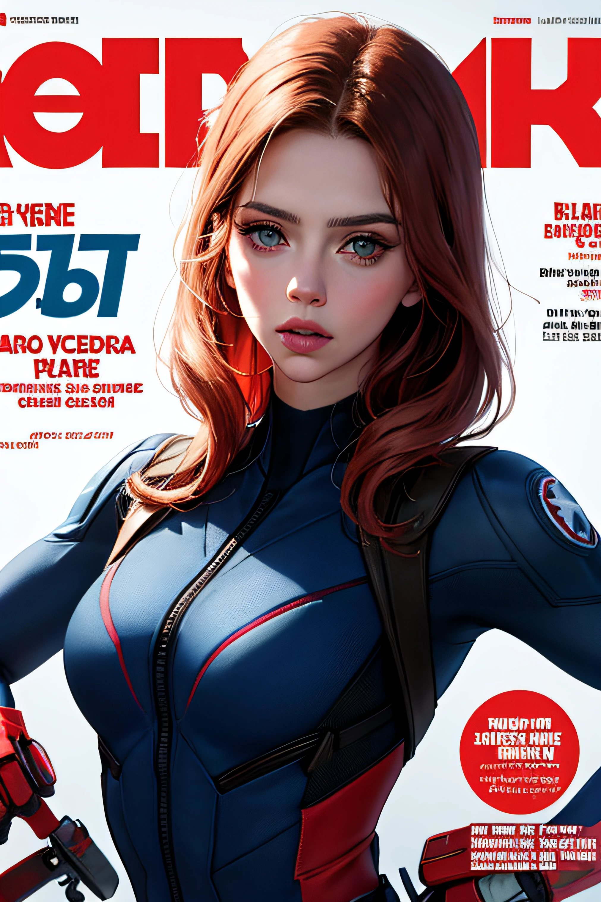 obra maestra, mejor calidad, atuendo de primavera, cabello colorido, al aire libre, portada de revista, parte superior del cuerpo, obra maestra, mejor calidad, atuendo de primavera, cabello colorido, al aire libre, portada de revista, parte superior del cuerpo,(obra maestra), (mejor calidad), (fotorrealista: 1.3), 8k, textura de piel detallada, textura de tela detallada, hermoso rostro detallado, detalles intrincados, ultra detallado, scarlett johansson, Black Widow in Captain America style, rojo recto cabello, (cuerpo completo: 1.2)