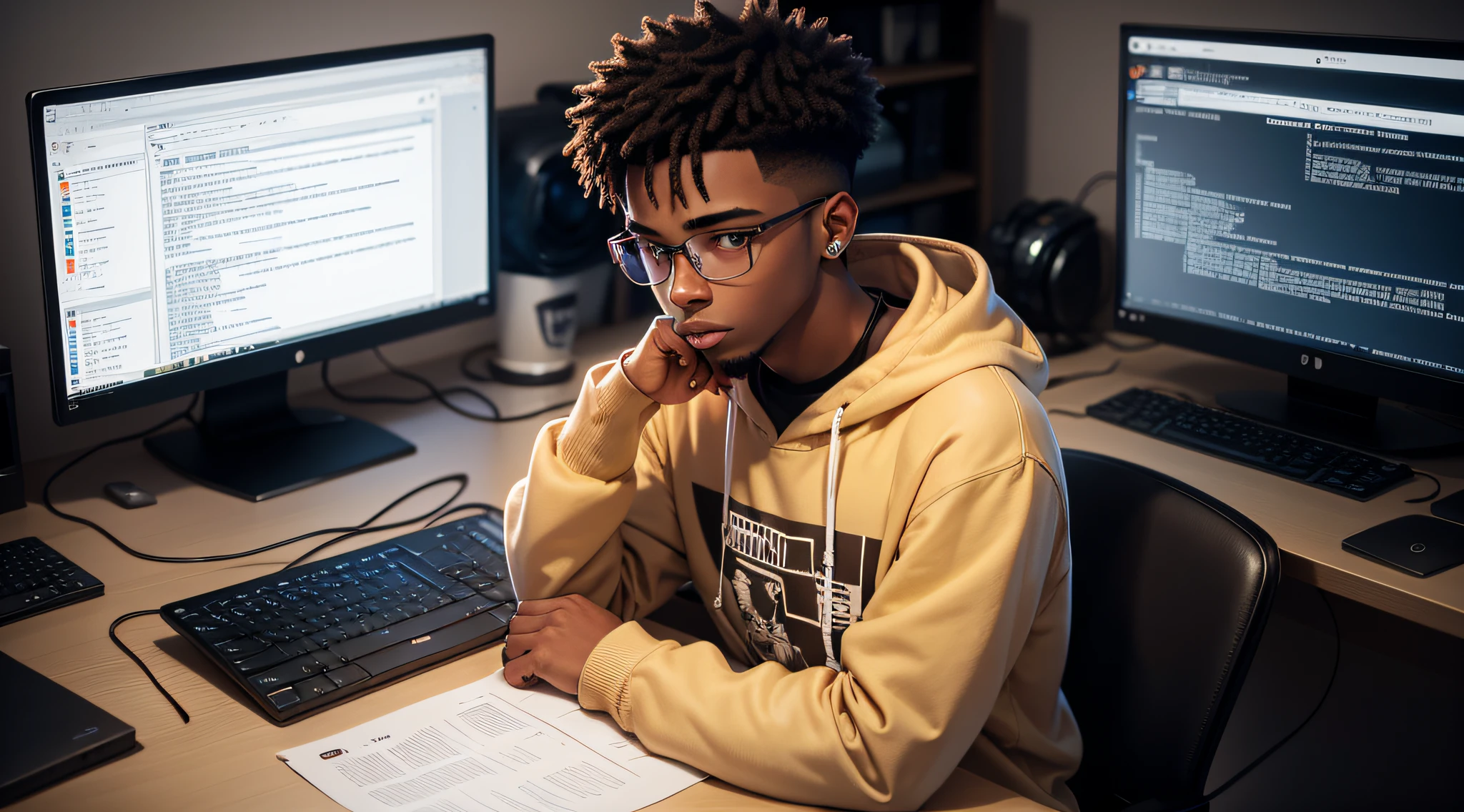 20-year-old man in front of the computer, programming codes, he is wearing glasses and a sweatshirt, has brown skin and military-cut hair --auto