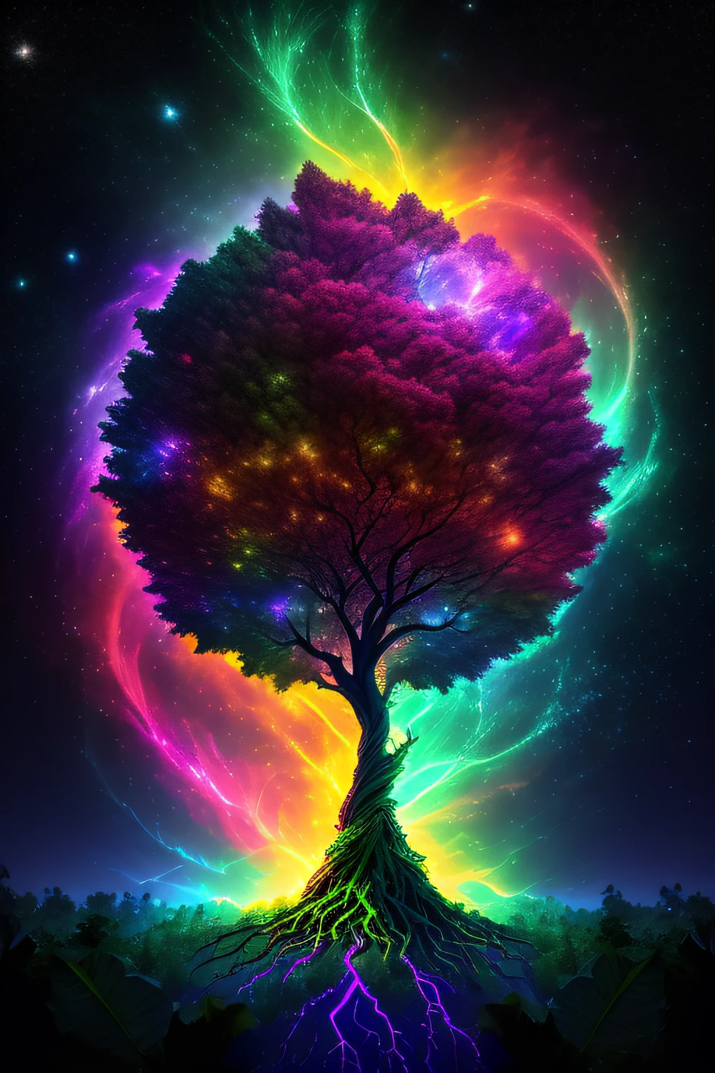 Masterpiece,
The birth of Creation, a leafy Tree with energetic and colorful streams of light in an epic galactic sky, with professional color grading, soft shadows, no contrast, clean sharp focus, cinema film photography, hyper realistic :: nebula::1 wide angle lens::1 defocus::
UHD, HDR, 16K