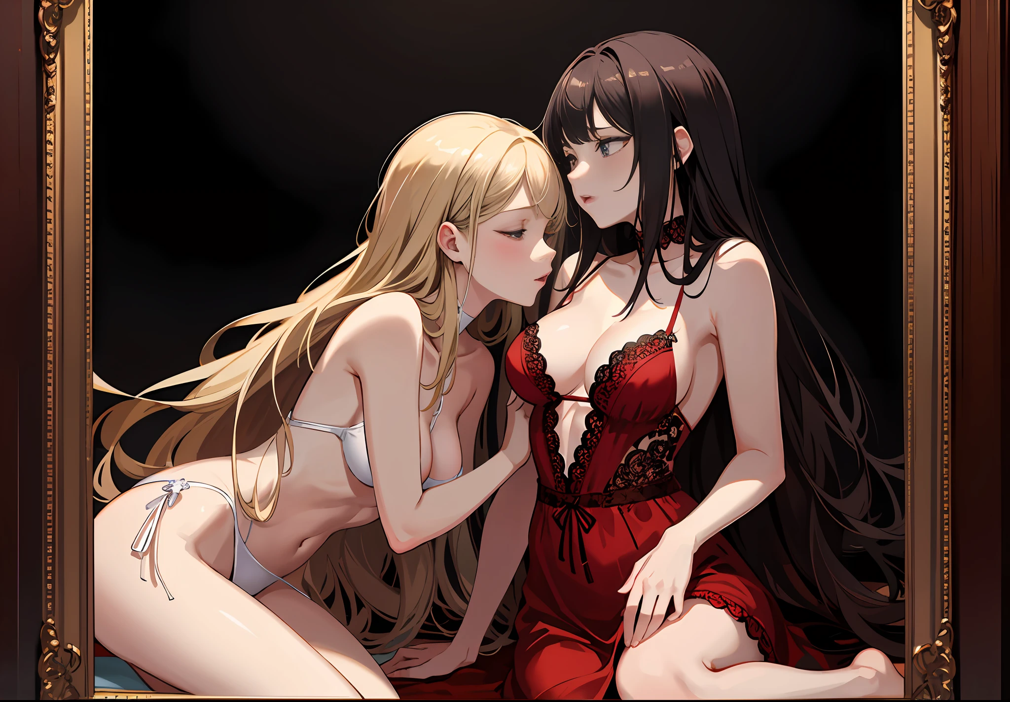 8k,masterpiece, best quality, ultra detail, finely detailed beautiful big eyes, portrait,, (2  girls haveing  ) , short hair and long hair, brown hair and blonde hair, (kiss), closed eyes, lesbian,, extasy,, wearing red lace nightie, flirting and getting close to kissing, in a soft and intimate lighting.,half naked, same age