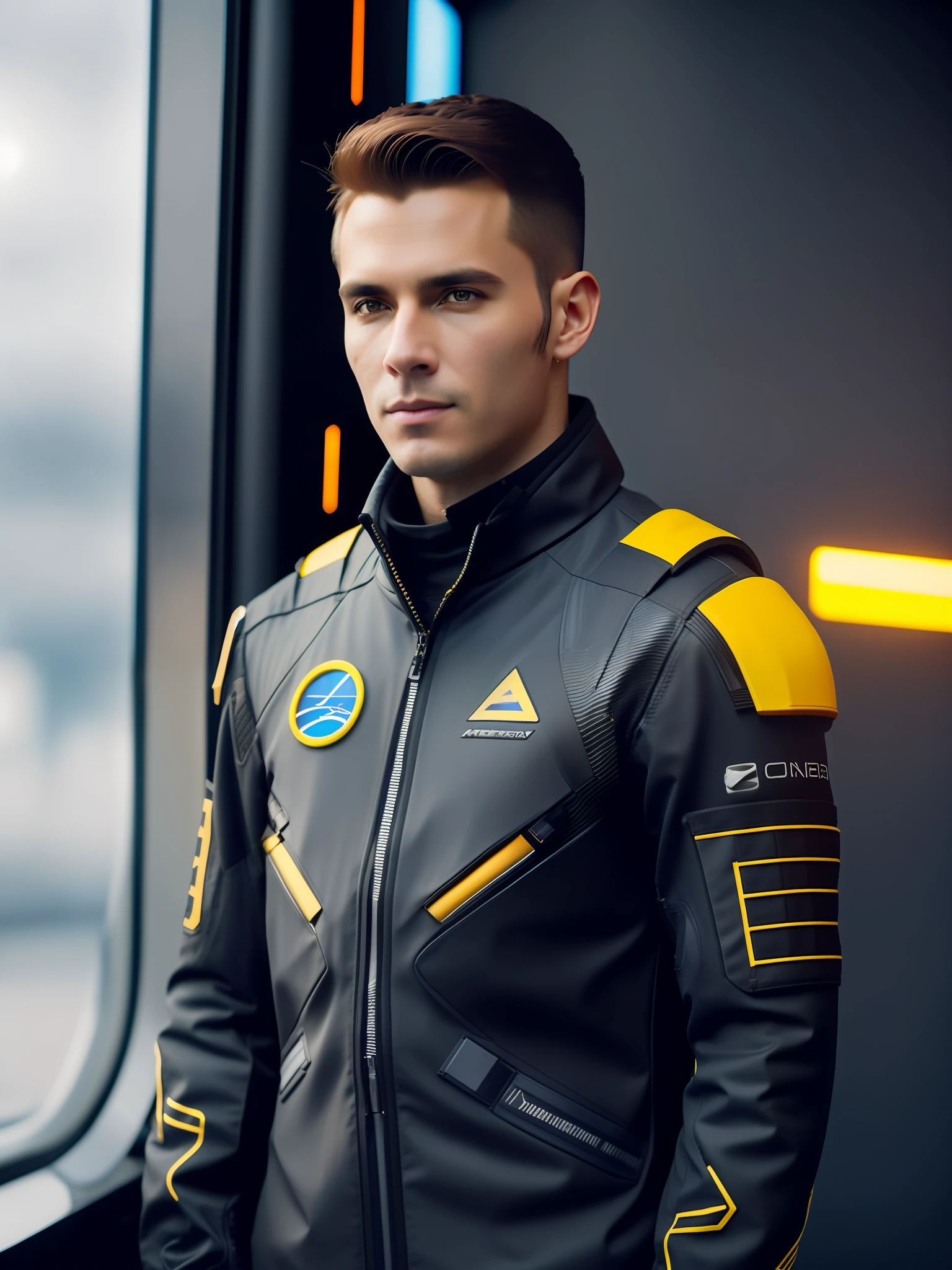 fking_scifi, award-winning photo of a man, black flight suit with yellow accents, brown hair, (gray eyes:1.35), square jawline, asymmetric face, standing in front of a window on a space ship, 80mm, bokeh, mass effect, close up, fking_cinema_v2