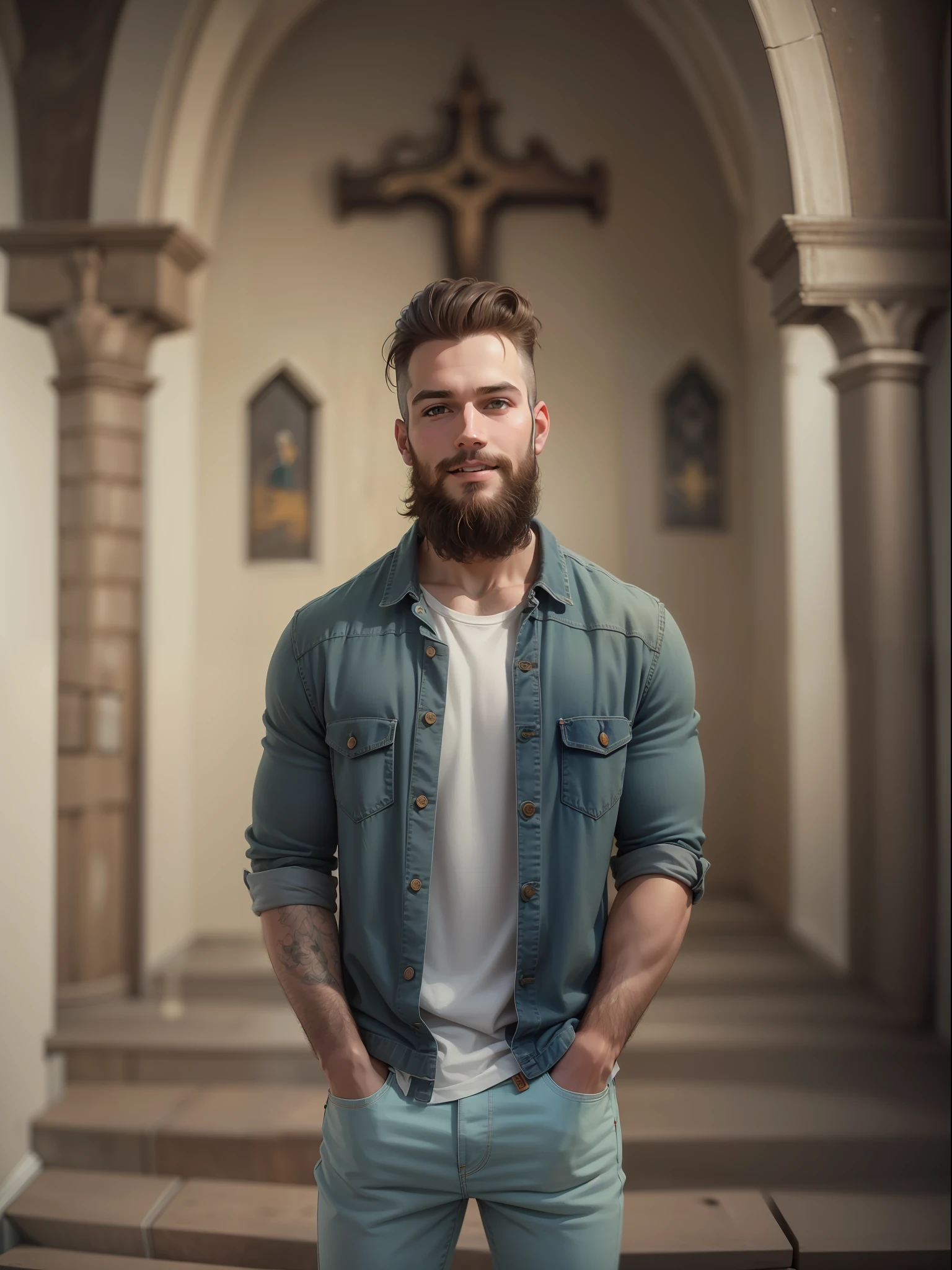 homem branco, gordo, bem gordo, sorrindo, cabelo ruivo, barba ruiva, olhos verdes, camisa roxa, denim trousers, christlike, dentro de uma igreja adventista, Pose para foto, Foto de Stock, Directed by: Emma Andijewska, Directed by: Jakob Gauermann, igreja, foto de alta qualidade, mid portrait, foto tirada, Fotografe o conjunto, high resolution photo, religión, amizade, muito expressivo, Anime realista, desenhado,