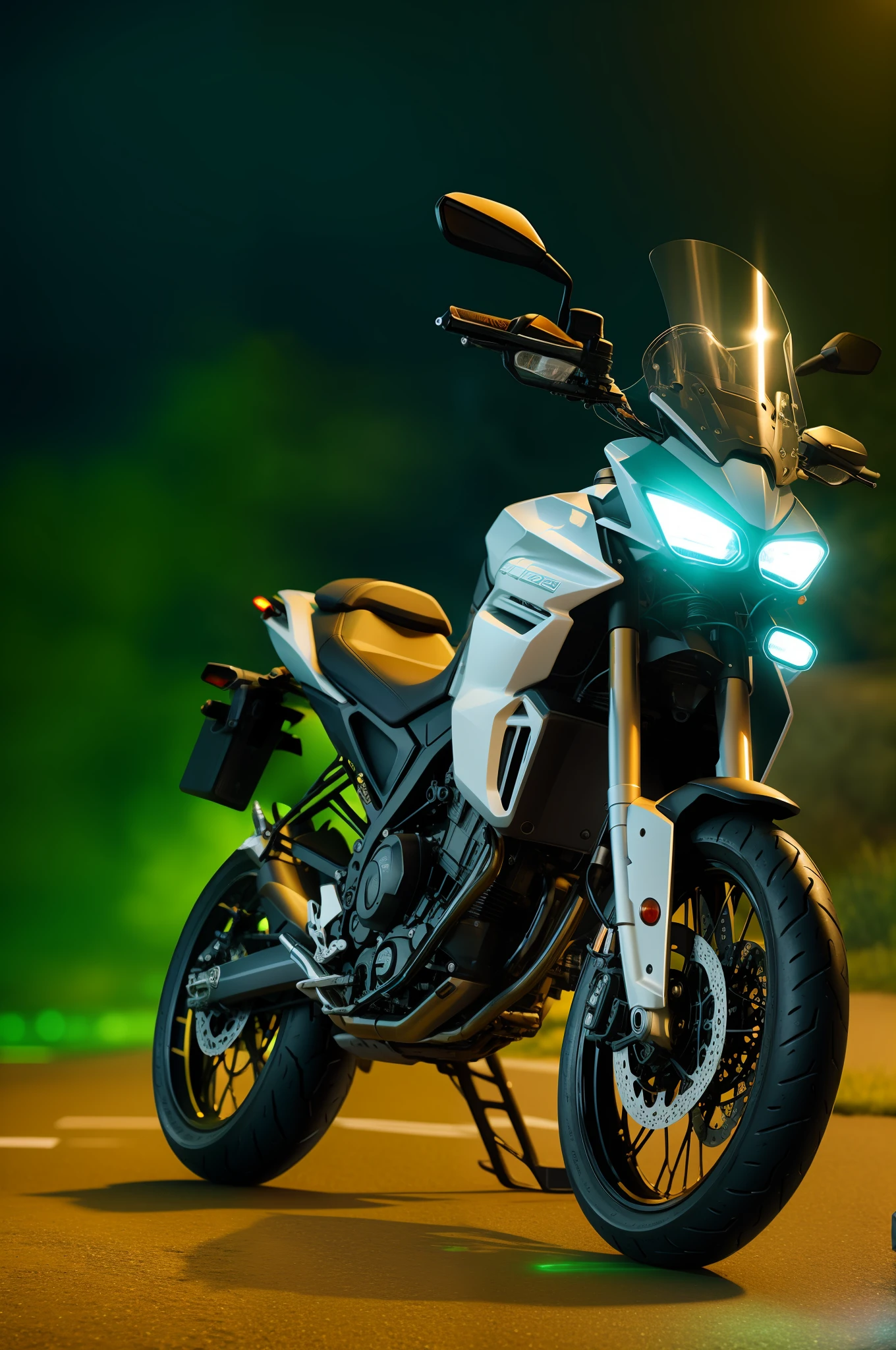 Motorcycle parked on a street at night with green lights, 8k lighting, cinematic front lightning, Retrato no meio da foto, foto de retrato em close-up, cinematic front shot, um tiro largo e cheio, dramatic lighting; 4k 8k, 8 k octane detailed render, foto de retrato, with cinematic lighting, alto contraste 8k, Iluminado frontal, cinematic full shot