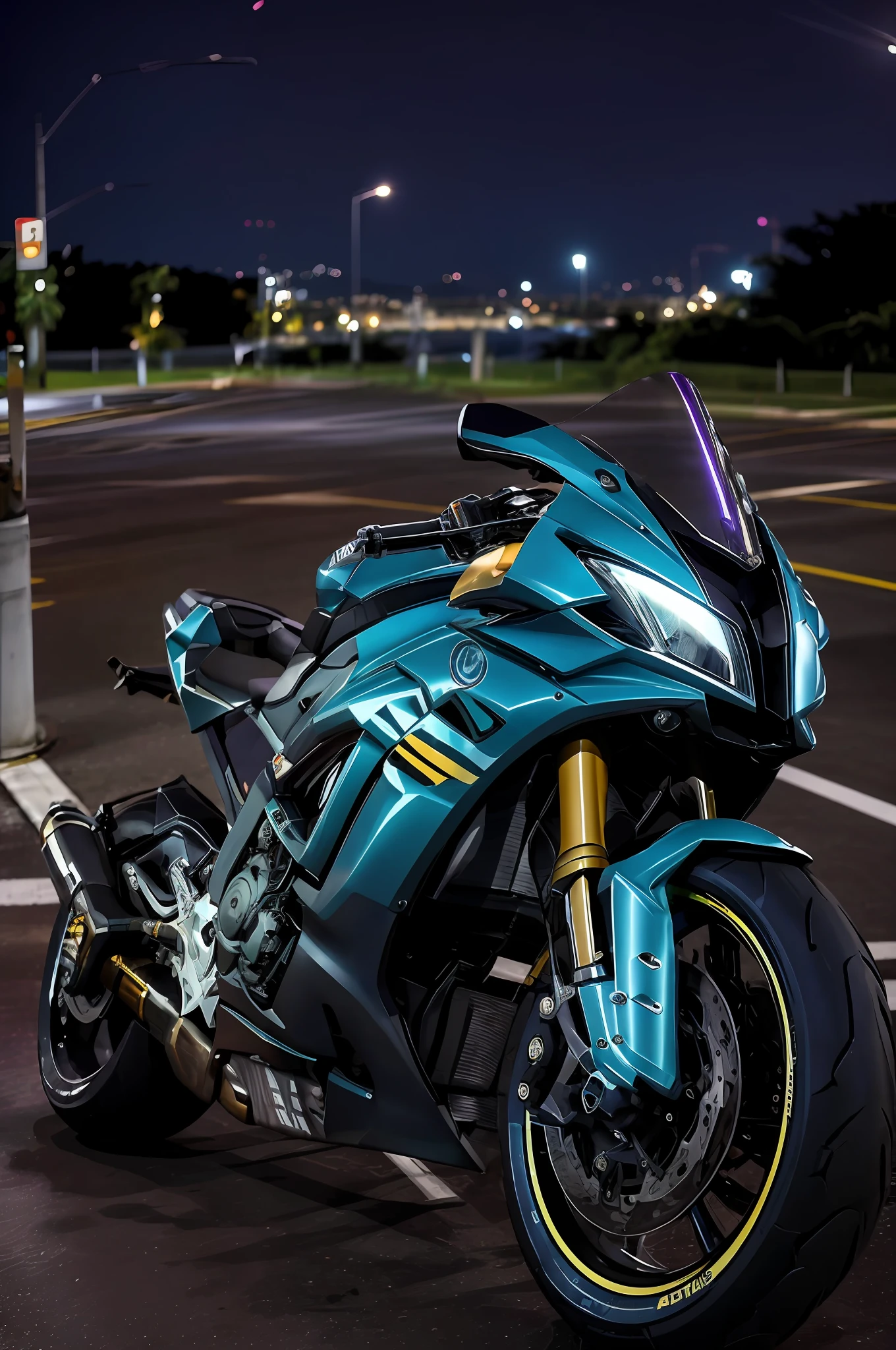 ((( alta qualidade))) (muitos detalhes) (estilo filme) (foto aproximada) Moto Yamaha, de cor azul, a noite, na cidade grande, luzes noturnas, farol ligado