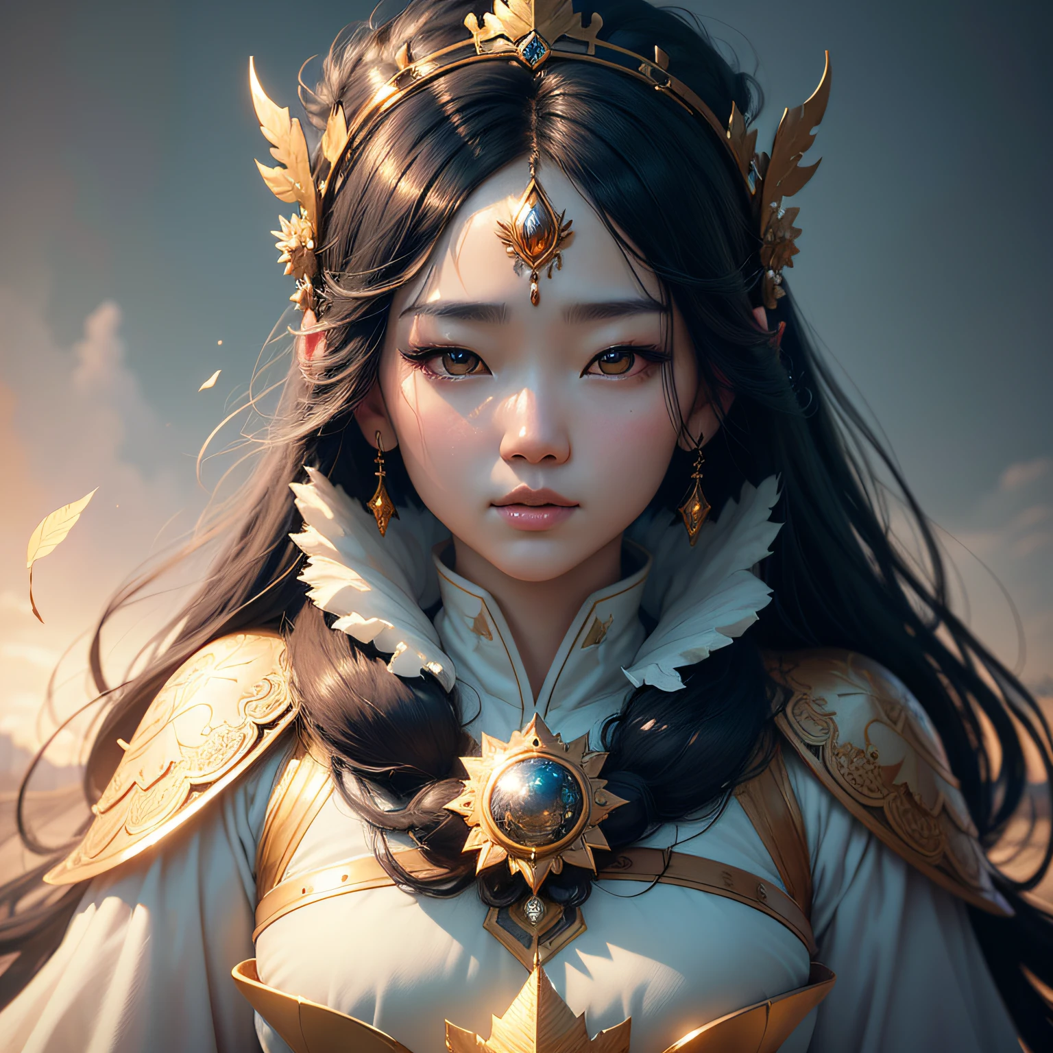 Soft and dreamy 8mm lens portrait of an Korean Princessof a universe adorned with a natural crown of gold and leaves and masses, ethereal dress, black hair.
 Soft snow sky. Using 8K High Definition. Art styles Greg Rutkowski , Android Jones , Tamsyn. Intricate dynamic lighting, elegant and highly detailed ultra-realistic, cinematic and octane rendering --auto