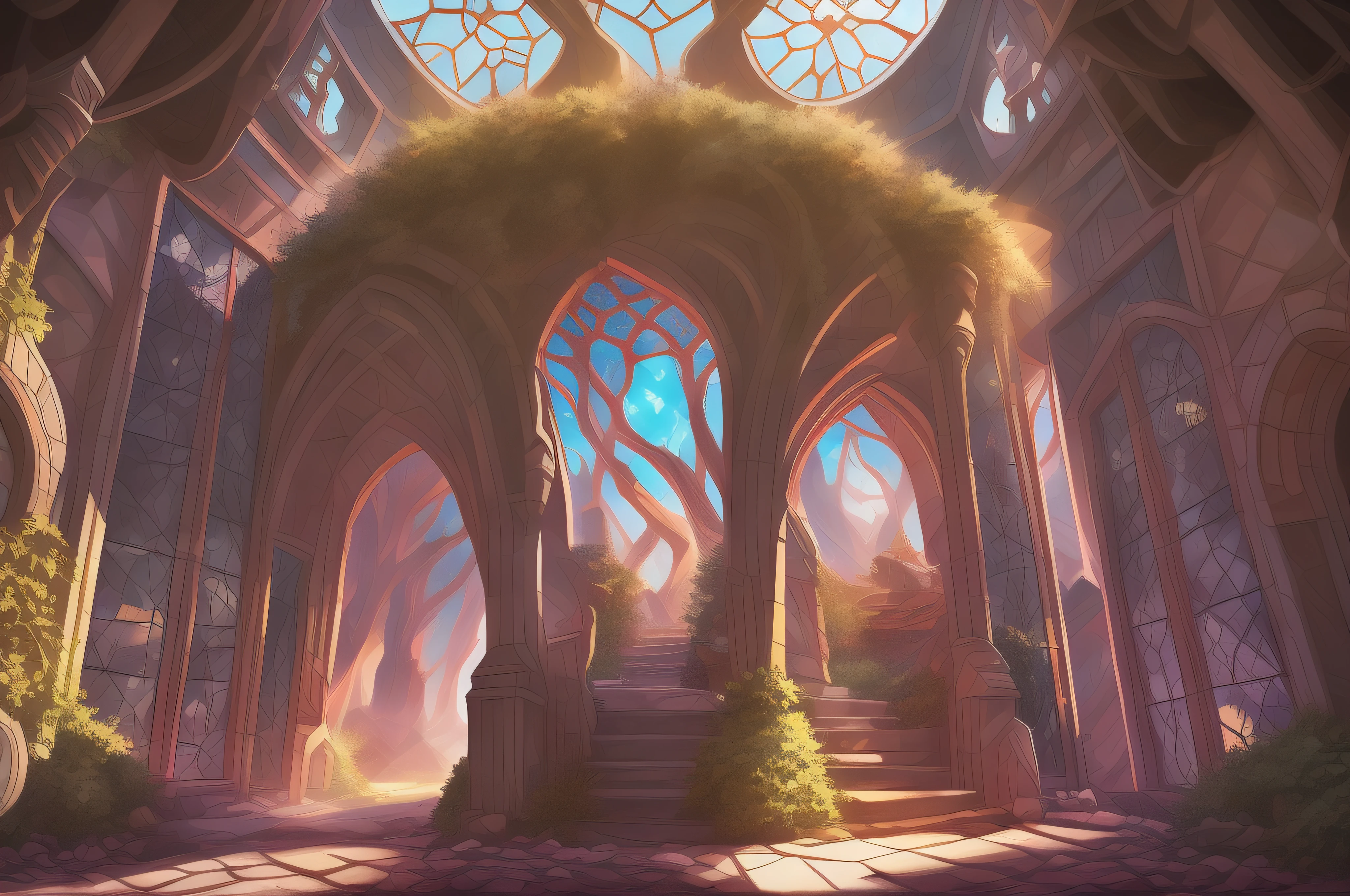 the inside of a desert oasis palace city ::3 light streaming through colorful broken stained-glass windows, fallen canopic jar overgrown plants, rotted shaped like a hammer, tree growing through cracks, solarpunk, hyperdetailed, volumetric lighting, graceful Tudorbethan architecture, arches and curves, levels, symmetry and peace, magical fantasy, surreal, chiaroscuro, banded sunlight, codex art style, Kimi No Na Wa anime style, 3-point-perspective