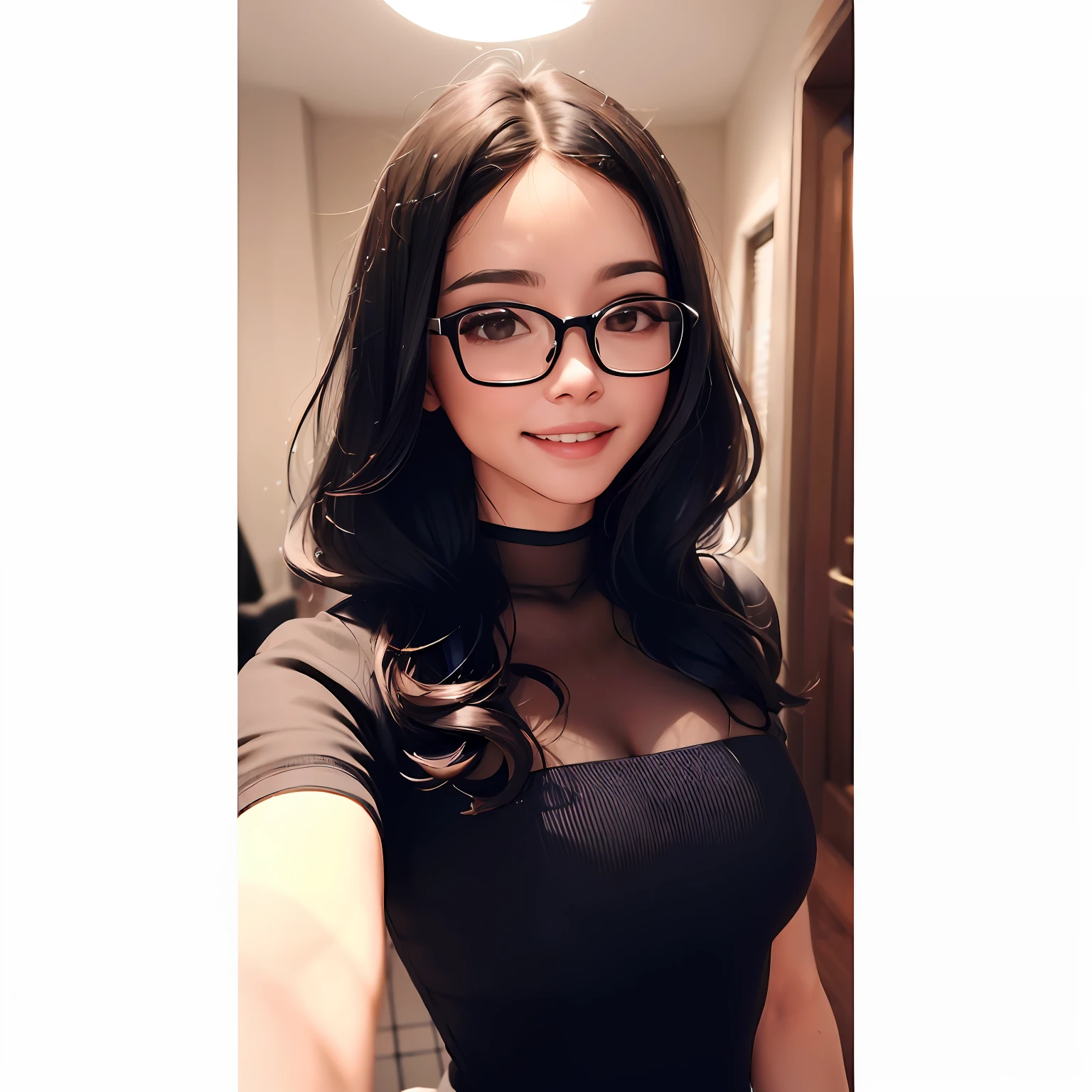 ((melhor qualidade, 8k, master part :1.3)), Smiling woman wearing glasses and a black dress posing for a photo, wavy long black hair and glasses,, Rosto ultra-detalhado, olhos detalhados, Double eyelidm, com uma floresta no fundo