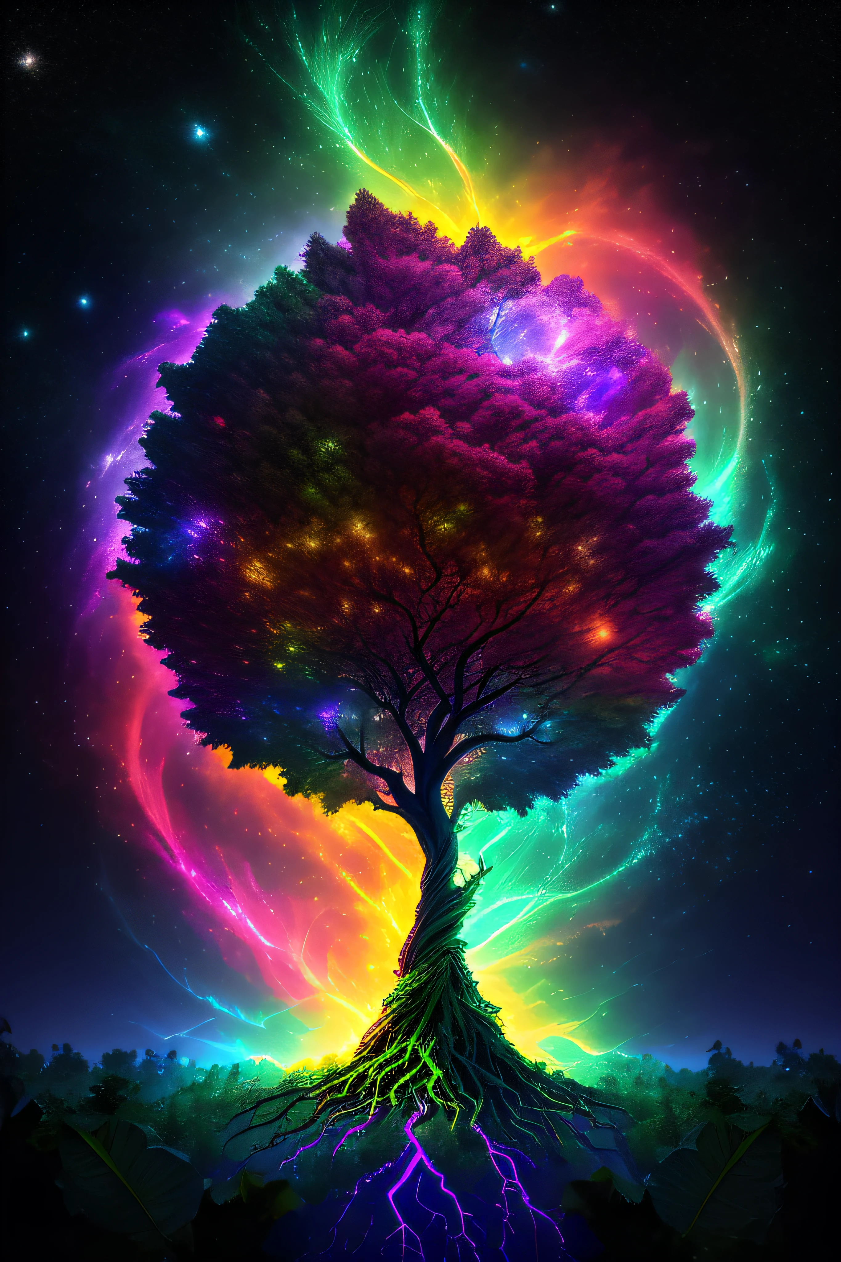 Masterpiece,
The birth of Creation, a leafy Tree with energetic and colorful streams of light in an epic galactic sky, with professional color grading, soft shadows, no contrast, clean sharp focus, cinema film photography, hyper realistic :: nebula::1 wide angle lens::1 defocus::
UHD, HDR, 16K