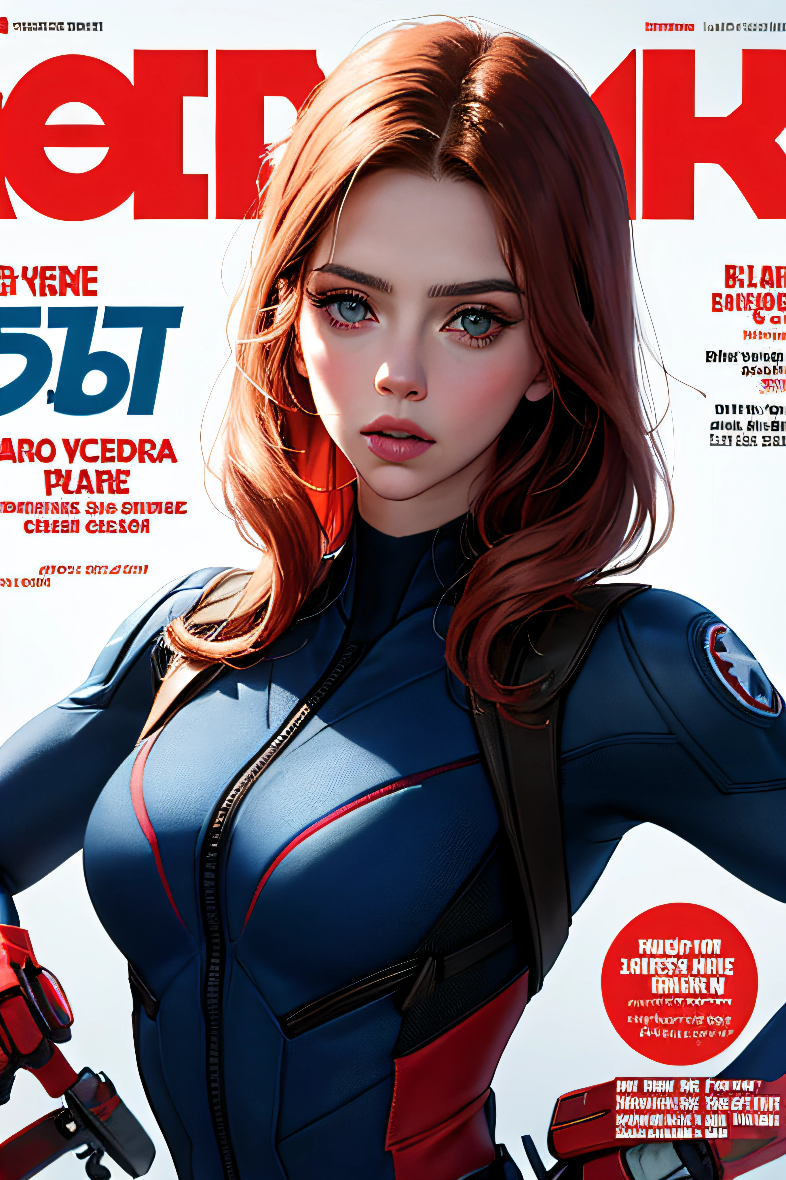 obra maestra, mejor calidad, atuendo de primavera, cabello colorido, al aire libre, portada de revista, parte superior del cuerpo, obra maestra, mejor calidad, atuendo de primavera, cabello colorido, al aire libre, portada de revista, parte superior del cuerpo,(obra maestra), (mejor calidad), (fotorrealista: 1.3), 8k, textura de piel detallada, textura de tela detallada, hermoso rostro detallado, detalles intrincados, ultra detallado, scarlett johansson, Black Widow in Captain America style, rojo recto cabello, (cuerpo completo: 1.2)