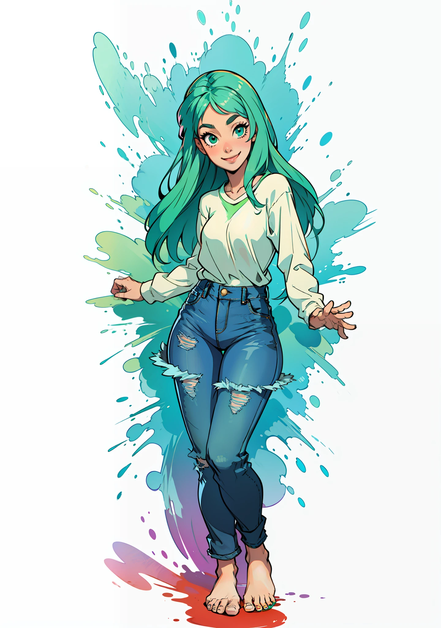 Mulher, estilo dos desenhos animados, sorrindo, Denim Jeans Pants, saia de tule rosa, camiseta verde e jaleco branco, mulher loira,  pixar style.