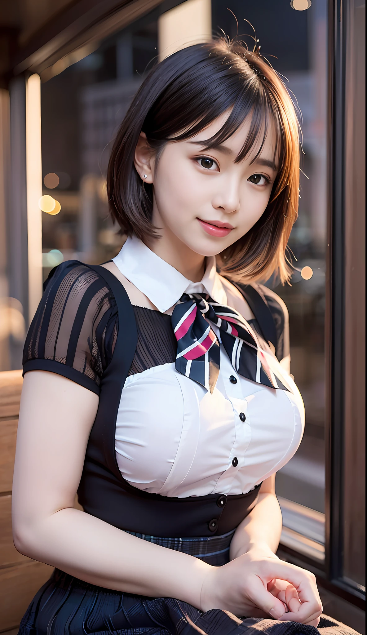 (8k, RAW photo, best quality, masterpiece:1.2), (realistic, photo-realistic:1.37), ultra-detailed,
1 girl,cute, solo,beautiful detailed sky,detailed cafe,night,sitting,dating,(nose blush),(smile:1.1),(closed mouth),large breasts, seductive smile, large aparture, professional lighting, Sony A7R4, Zessie 50mm F1.8,
medium breasts,beautiful detailed eyes,(collared shirt:1.1), bowtie,pleated skirt,(short hair:1.2),floating hair