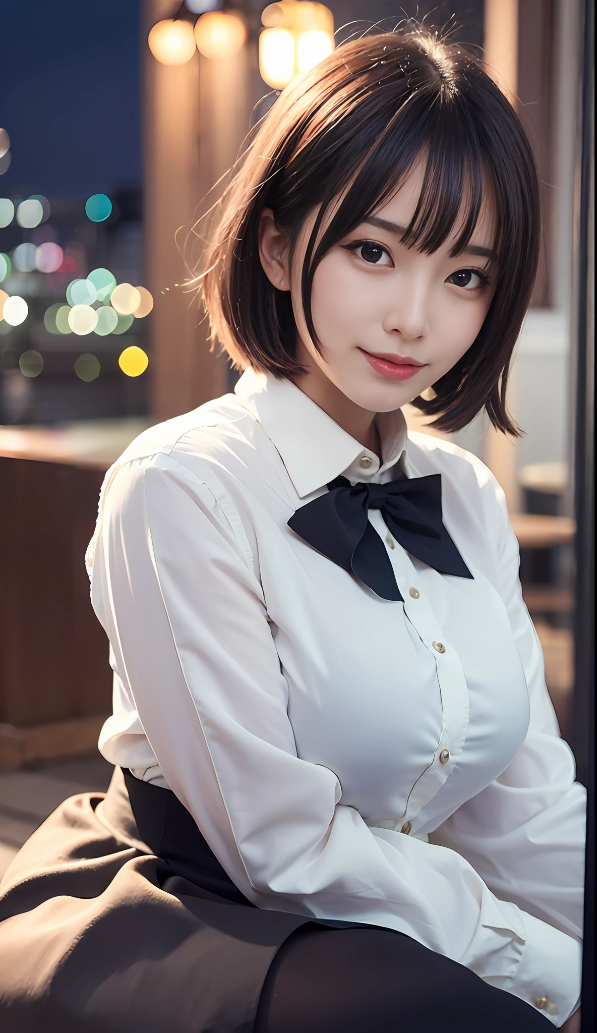 (8k, RAW photo, best quality, masterpiece:1.2), (realistic, photo-realistic:1.37), ultra-detailed,
1 girl,cute, solo,beautiful detailed sky,detailed cafe,night,sitting,dating,(nose blush),(smile:1.1),(closed mouth),large breasts, seductive smile, large aparture, professional lighting, Sony A7R4, Zessie 50mm F1.8,
medium breasts,beautiful detailed eyes,(collared shirt:1.1), bowtie,pleated skirt,(short hair:1.2),floating hair