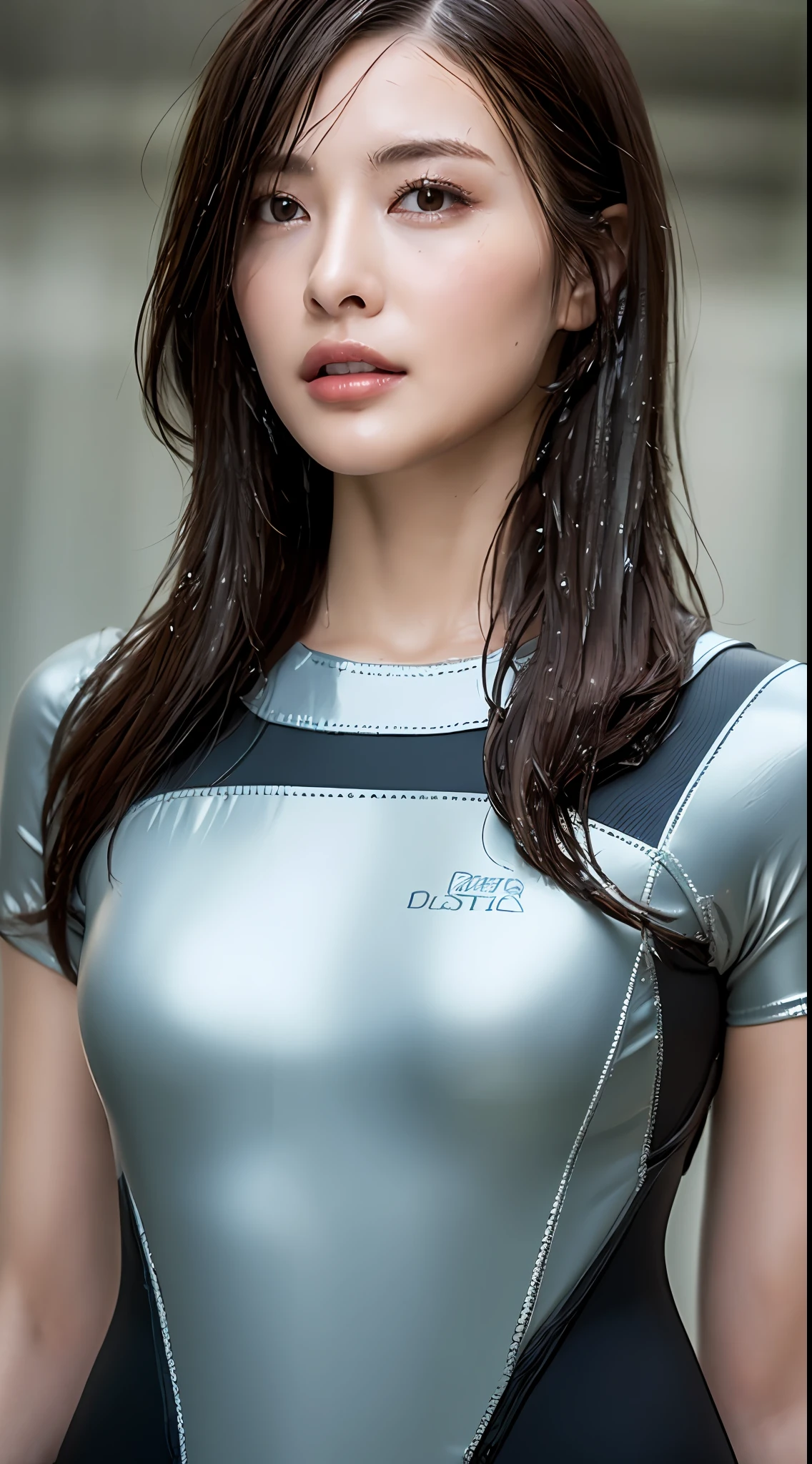 (Top Quality, 4k, Masterpiece: 1.3), Japan Woman, 1 Girl, Sexy: 1.1, Dark Brown Hair: 1.1, (Rain Wet, Rain Wet, Wet Body: 1.3), Luster, Latex, Wetsuit, Ultra Detailed Face, Detailed Lips, Detailed Eyes,