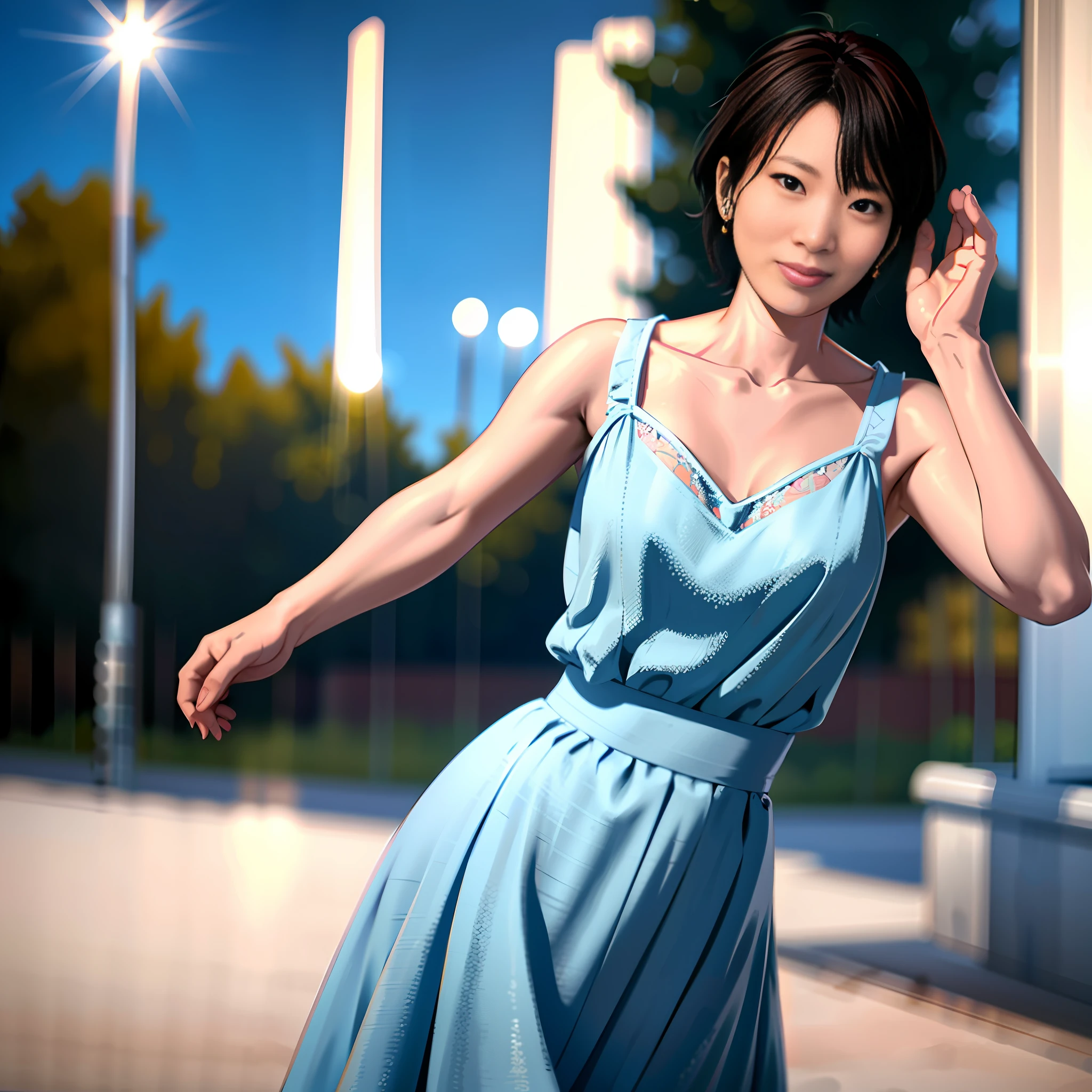 a woman posing on the street corner with light blue dress on, best quality, 1girl, large breasts, day, bright, blur background, bokeh, outdoor, (street:0.8), (people, crowds:1), (lace-trimmed dress:1.5, sleeveless dress, light blue clothes, light blue high-neck dress:1.2, blue dress: 1.5), gorgeous, (short hair, forehead:1.2), beautiful detailed sky, earrings, (dynamic pose:1.2), (upper body:0.8), soft lighting, wind, shiny skin, smile,