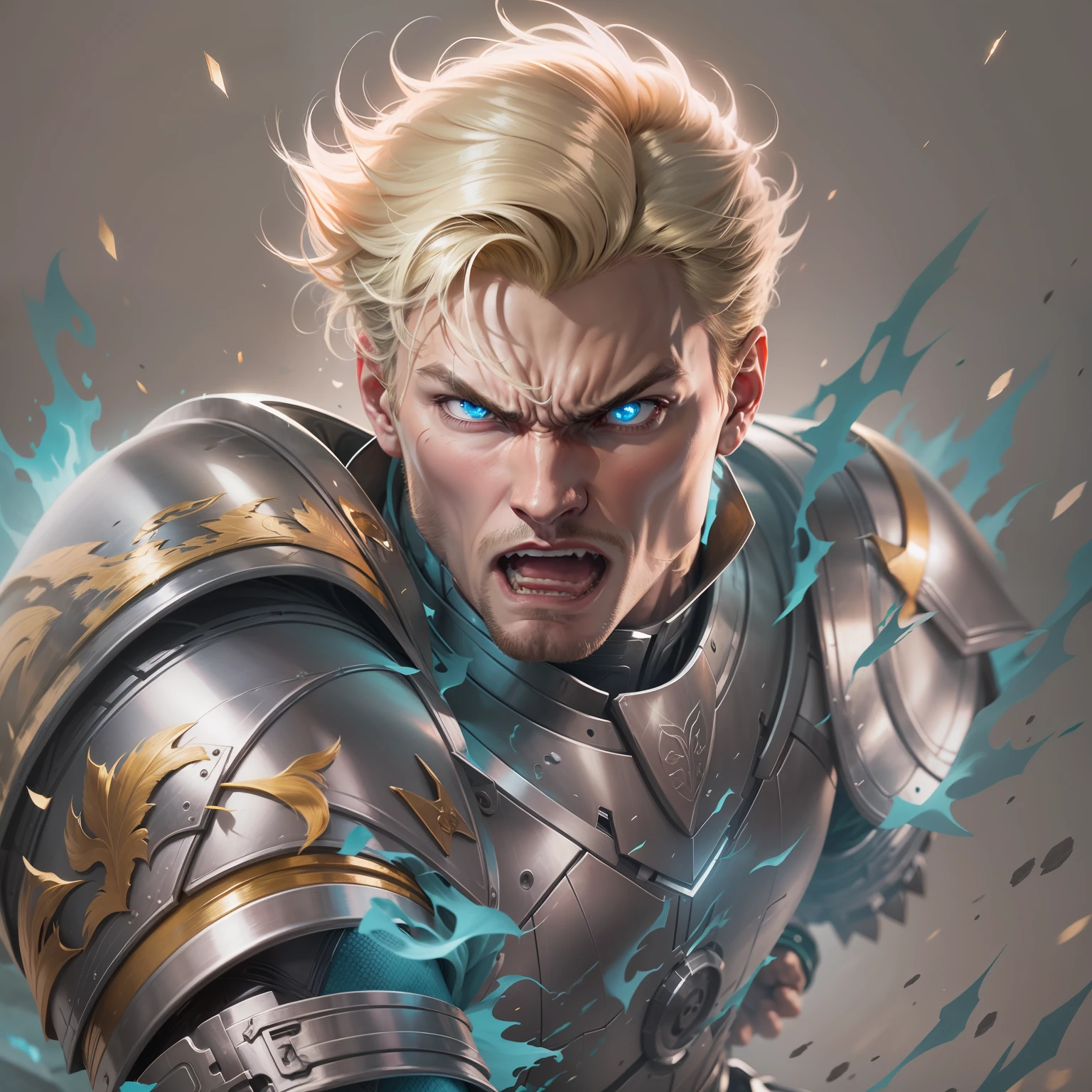realistic image of a blond man with short hair, tall, strong, ultra-detailed blue eyes, furious expression, dressed in a silver armor suit and golden shoulder pads, attacking with a right cross punch