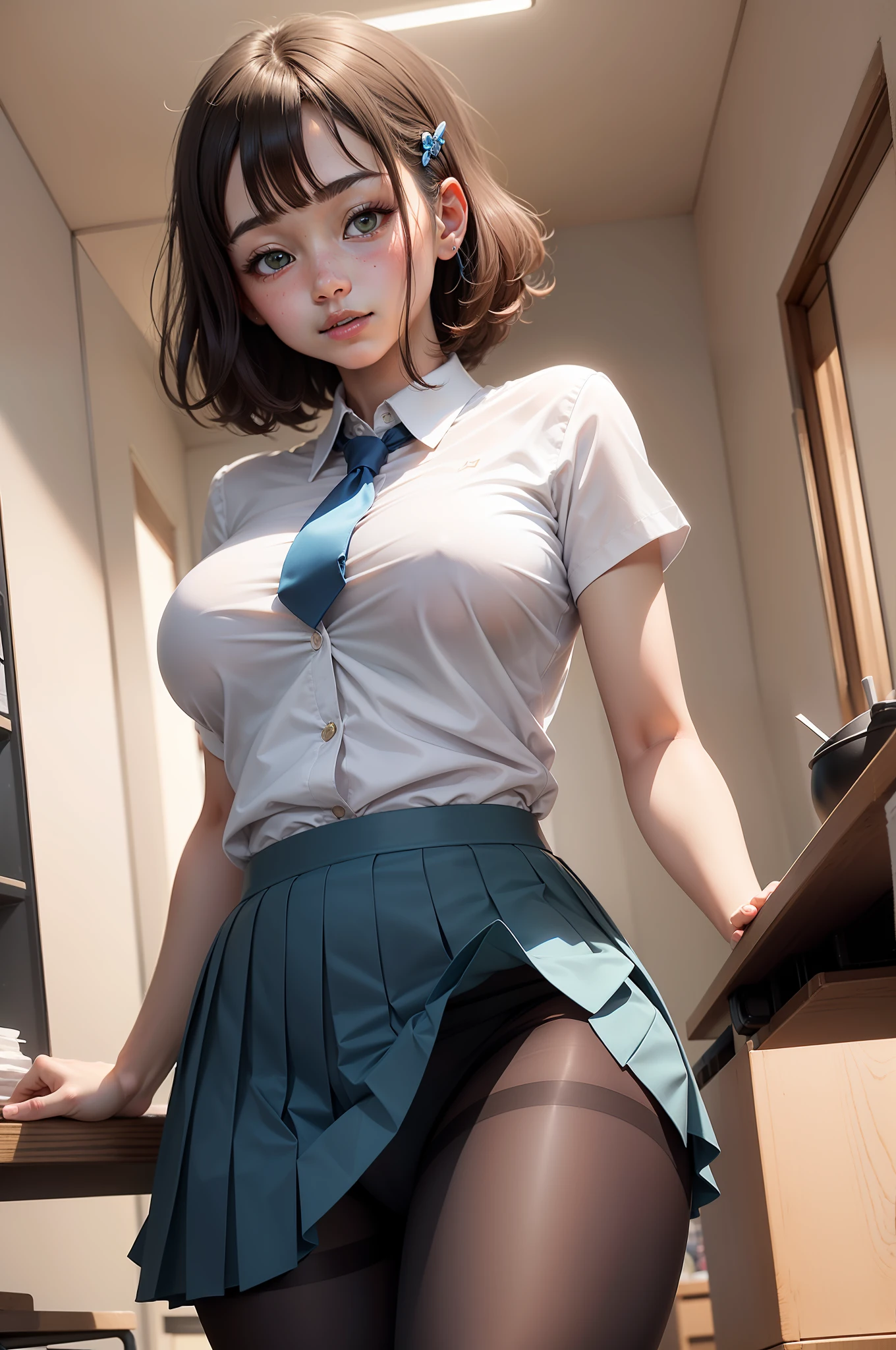 8K, top-quality, Real Image, intricate detailes, The ultra-detailliert, 超A high resolution, Depth Field,(Photorealsitic,realisitic:1.2),masterpiece, 0.25 :: a closeup , straight-on shot , from miiddle ,
1girl in, AI_chan, an extremely beautiful , Innocent big eyes, (brown_Short_hair), (Green_Eyes:1.0),(bangss),dishevled hair,(hair clips), poneyTail、perfect glossy skin, flawless skin, fair white skin, large full breasts, cleavage of the breast, narrow waists, thin blush, 独奏, looking at the viewers, lightsmile,
chubby under the clothes、perspiring、
Wear((School_uniform)、(white_Skirt)、(Blue_long_tie)、(Blue_pleats_Skirt)、(Black_pantyhose):1.2)、
(Gravure Pose:1.1)、
sunset
High School in Japan ,Flip up your skirt with your hands、Show off your panties、Blouse with short sleeves、Show white panties extensively、Pull up your skirt and show your panties、spreads both leg、Spread your knees apart、Show panties、Colossal tits、Functional、Show white panties、Flip the skirt、Skirt twisting