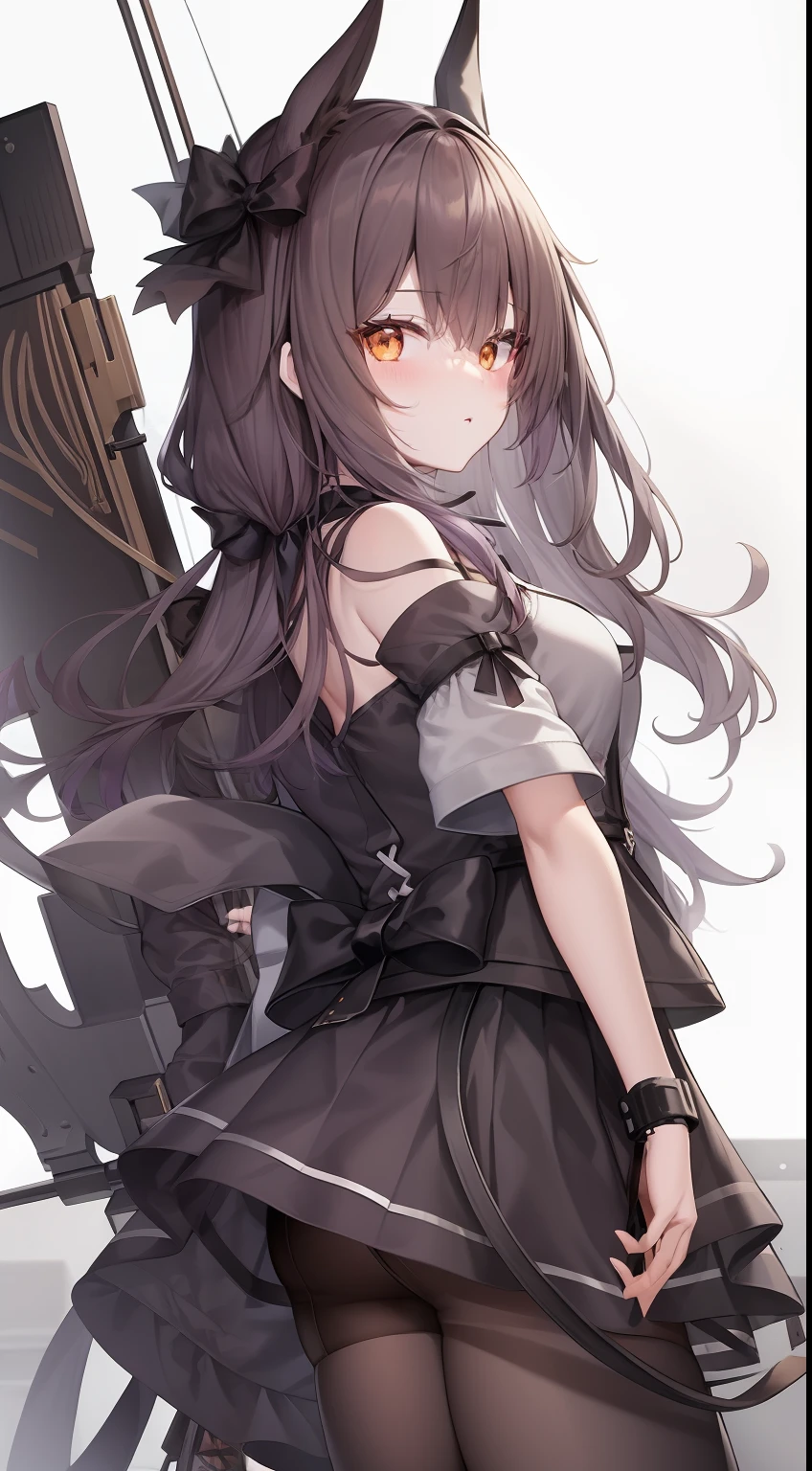 Anime girl with bow and arrow in her hand, from girls frontline, Fine details. Girl front, girls frontline style, Girls Frontline CG, Kantai collection style, Girl front, m4 sopmod ii girls frontline, girls frontline universe, From Arknights, anime girl with a bow and arrow, holding a sword on her shoulder, Guviz，Purple hair big breasts