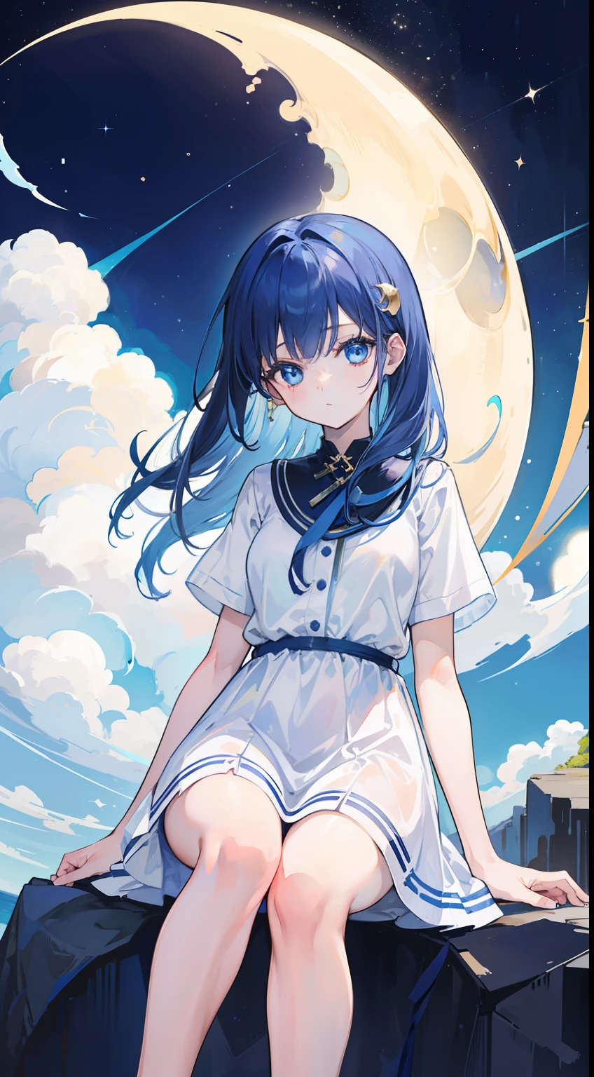 One girl((Sitting on a crescent moon))、darkblue hair、light blue eyes、Medium hair、masterpiece、top-quality、Top image quality、cute little、((Sitting on a crescent moon))、shirt dress、Fashionable、amazing background、starrysky