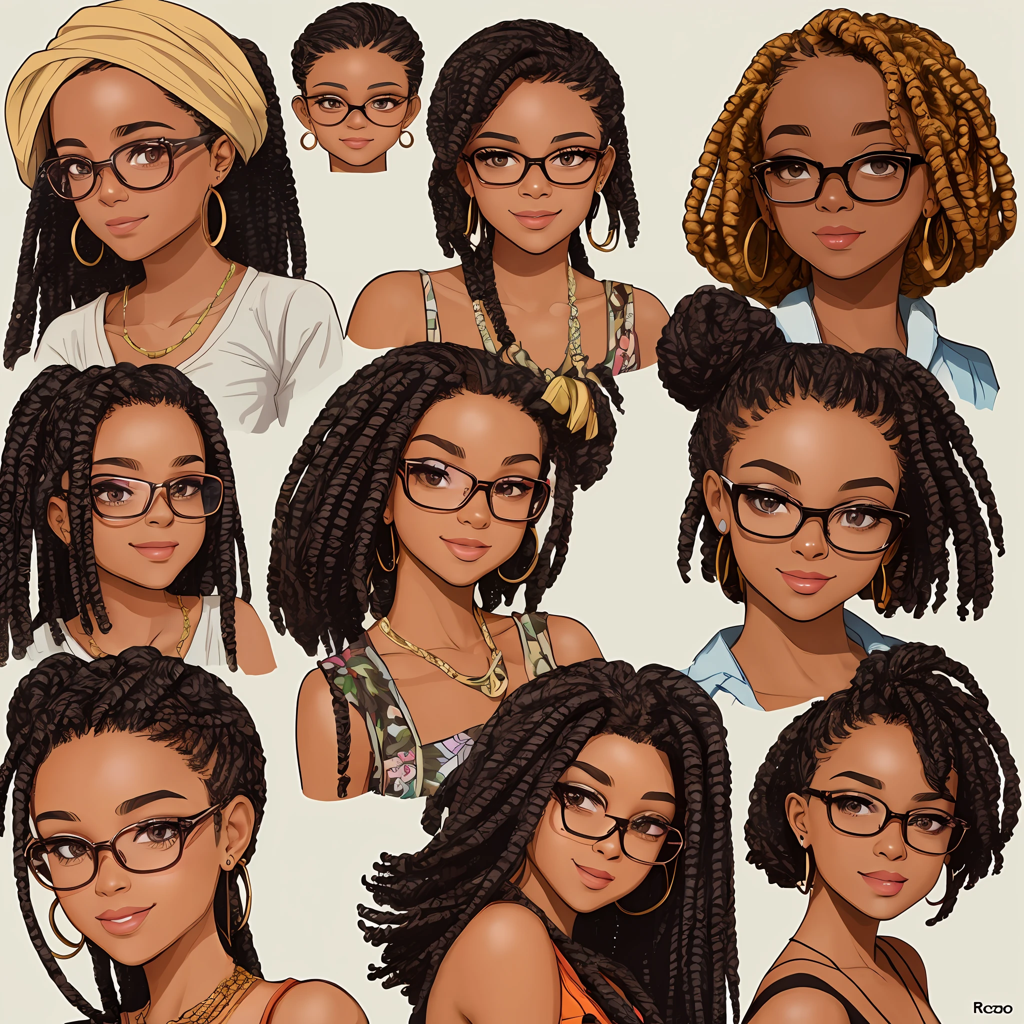 Create a cartoon illustration of a brown girl. Cabelo com box braids escuro. Rosto oval sorrindo, sobrancelhas feitas, nariz um pouco largo e boca carnuda. Glasses medium black. Olhos castanhos escuro e grandes --auto
