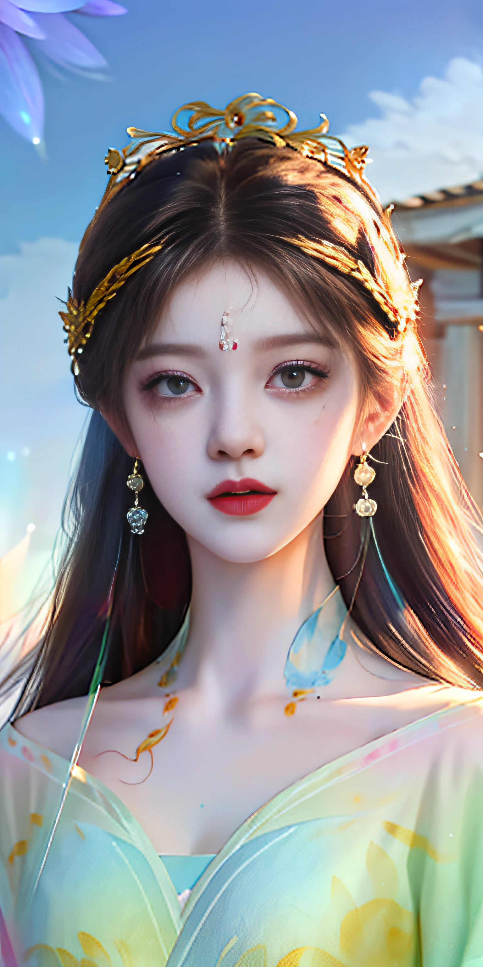 (8k, RAW photo: 1.2), top quality, ultra high resolution, dramatic angle, (fluttering detailed color splash), (illustration), (one girl))), (long hair), (rain: 0.9), (headdress: 1.4), there is an ancient palace next to the girl, Hanf, (emphasis), Color ink painting, (splash color), splash color, (((colorful))), (Sketch: 0.8), Masterpiece, Best Quality, Beautiful Paintwork, Very Detailed, (Denoise: 0.6), [Splash Ink], (Ink Refraction)), (Beautiful Detailed Sky), Moon, Very, Detail, (Masterpiece, Best Quality, Very Detailed) CG Unity 8k wallpaper, masterpiece, best quality, super detail), (garlic),