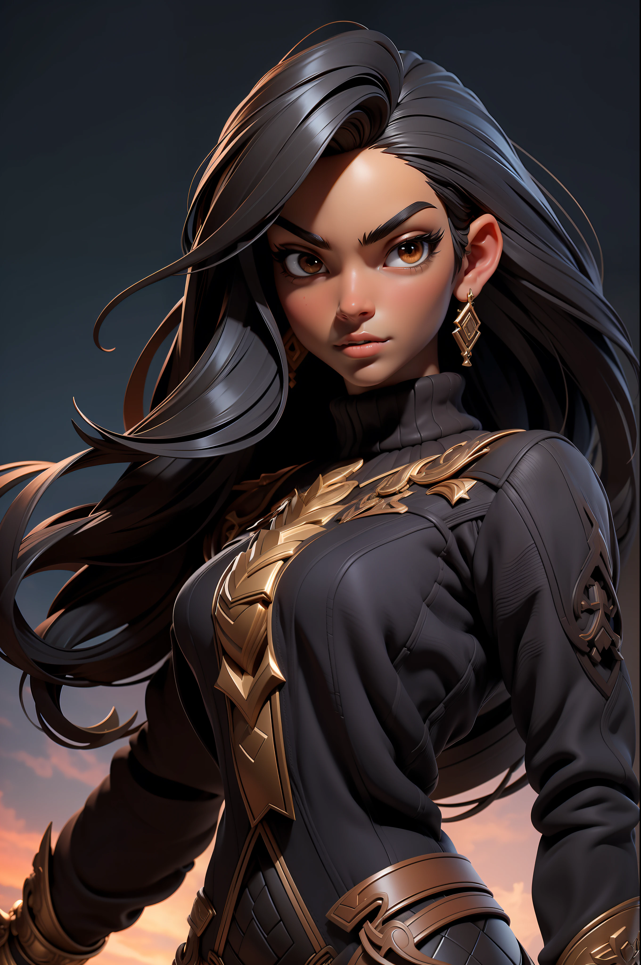 3dmm style,(masterpiece, top quality, best quality, official art, handsome and aesthetic:1.2), (fractal art:1.3), 1girl, handsome, high detailed, dark skin, black hair with a hint of brown, brown eyes, dark lighting, serious face, looking the sky, sky, medium shot, blue sweater, jewelry