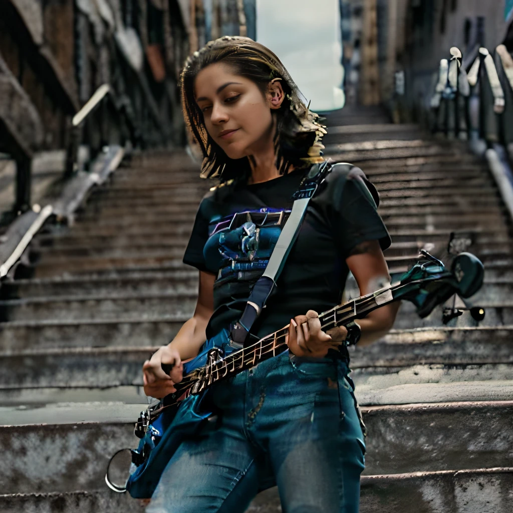 Woman playing bass on subway , blue skinny jeans and black t-shirt, coque no cabelo