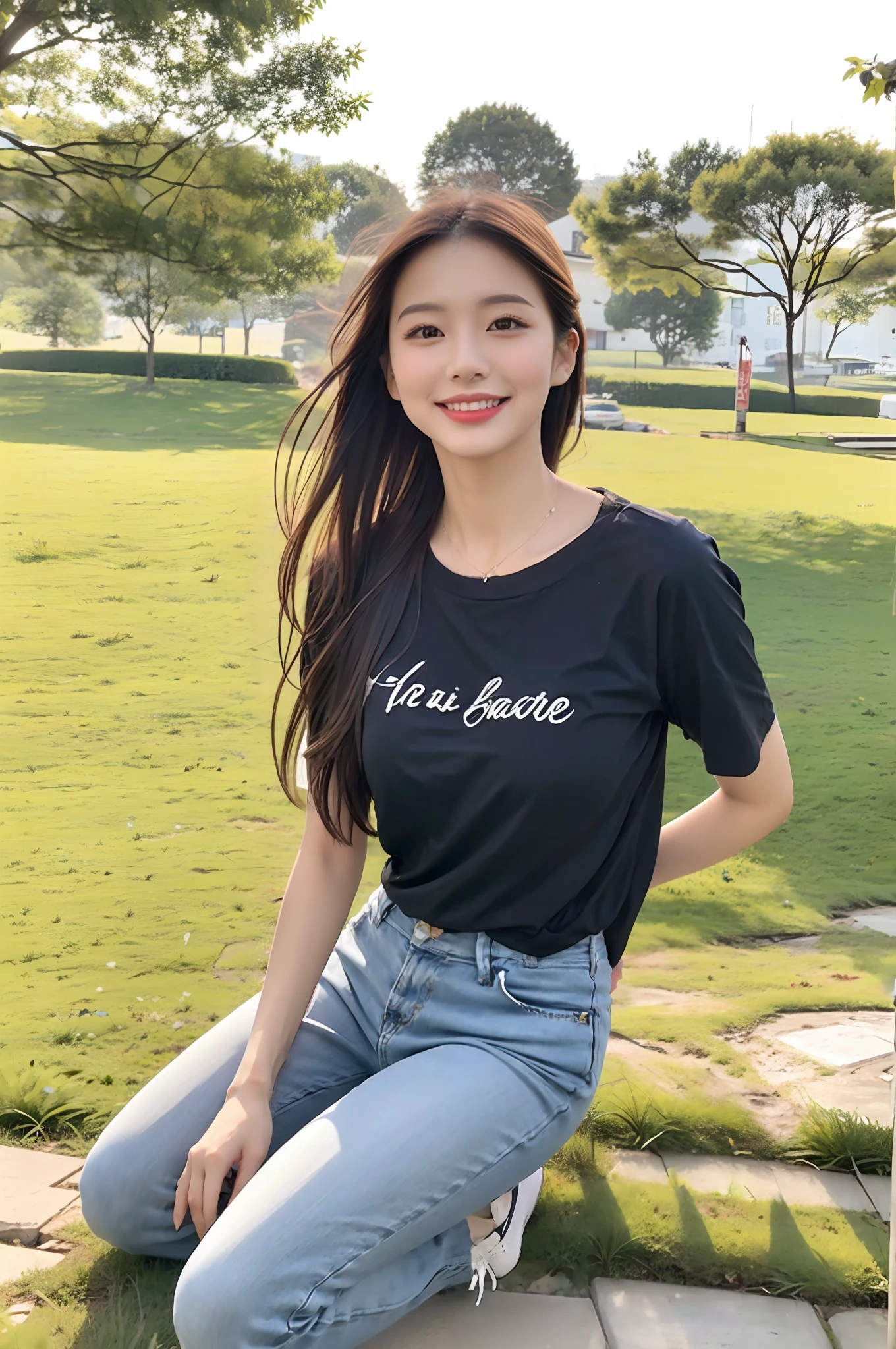 （RAW photogr，超高分辨率，tmasterpiece，best qualtiy：1.4），Complicated details，20 years old Korean girl，Wear a loose black T-shirt and skinny jeans，Stand on the grass and take pictures，Detailed meadow，A sweet smile on a small face，The face and skin are fair and shiny，Ultra-realistic facial details，Playful and coquettish pose，The calves are straight and slender:1.5，Wear high-end branded colorful travel shoes:1.5，eventide，warm color，Broad lighting，naturalshadow，taking a full body photo:1.8
