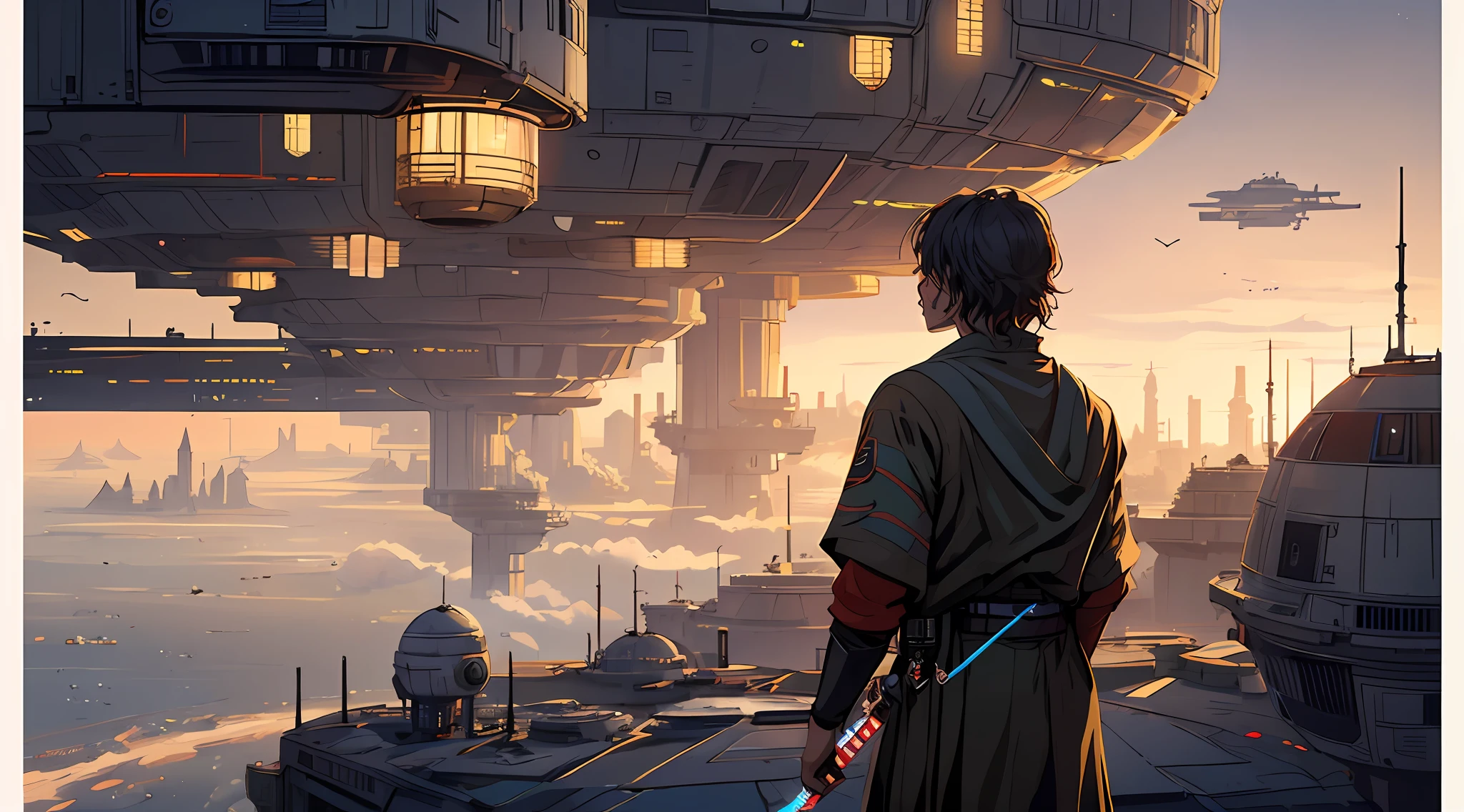 Ultra-detailed illustration of (((jedi em em Coruscant:1.15)))), observando, alta resolução, Back view, atmosfera densa, horror, extremamente detalhado