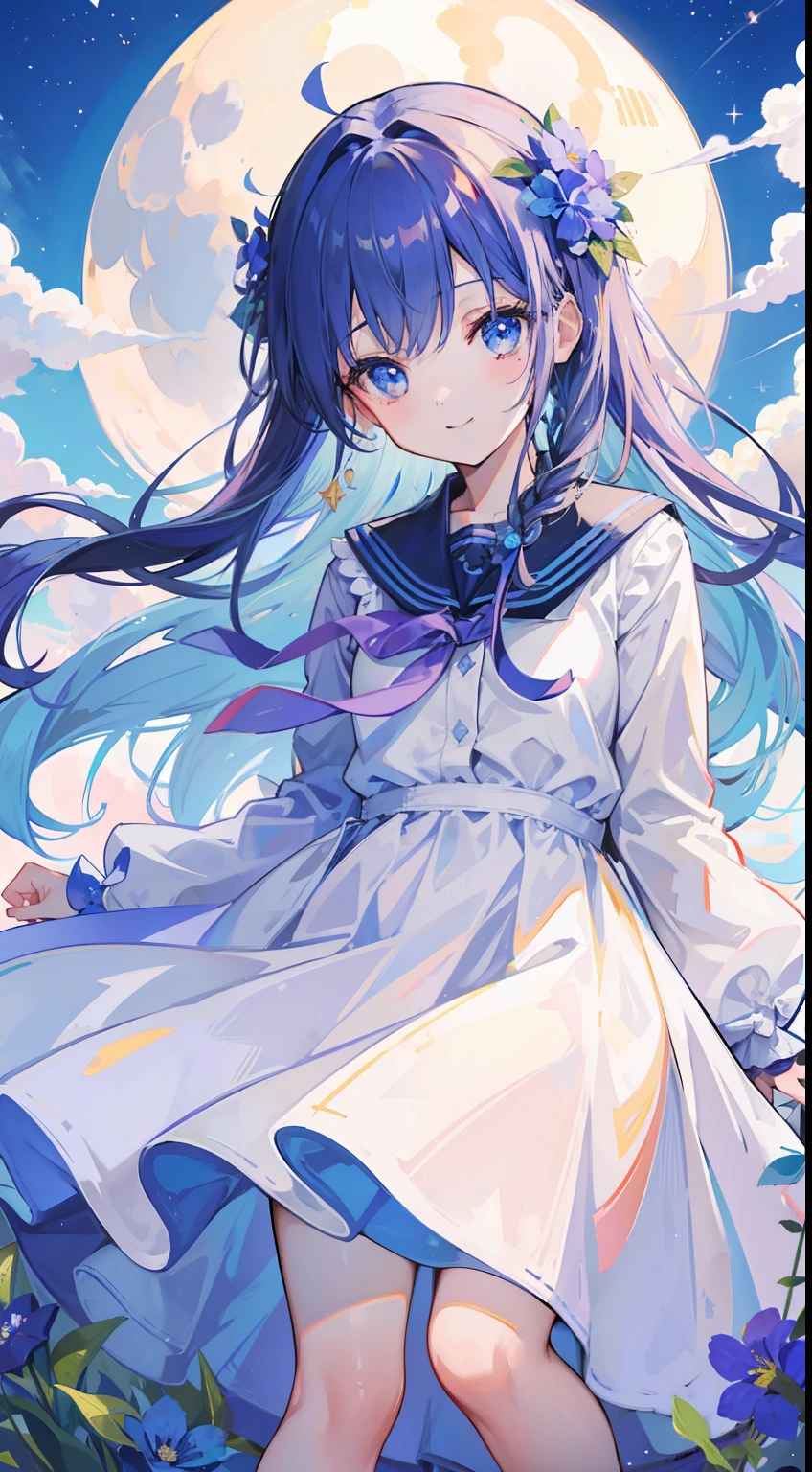 One girl、full bodyesbian、flower field、blue flower、((Big Full Moon))、1 braid、masterpiece、top-quality、Top image quality、cute little、minidress、starrysky、Beautiful sky、a smile、、