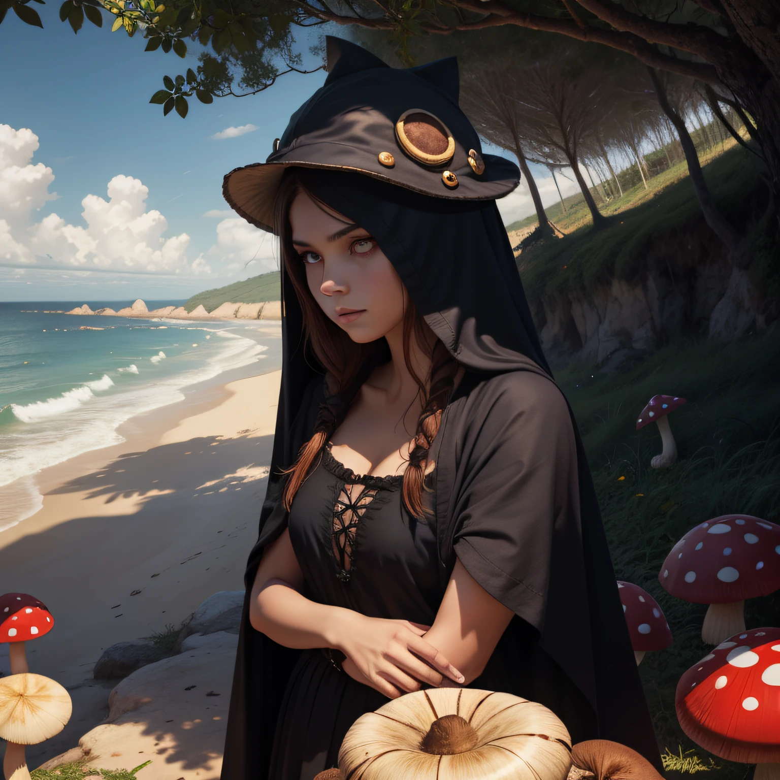 (melhor qualidade, obra-prima), garota, 16 anos, Druid, esporos, fungos, red mushroom hat on head, purple eyes, cabelos ruivos enrolados curtos volumosos, Face covered by black veil, manto preto, funeral, paisagem de praia de fundo, parte superior do corpo, pose