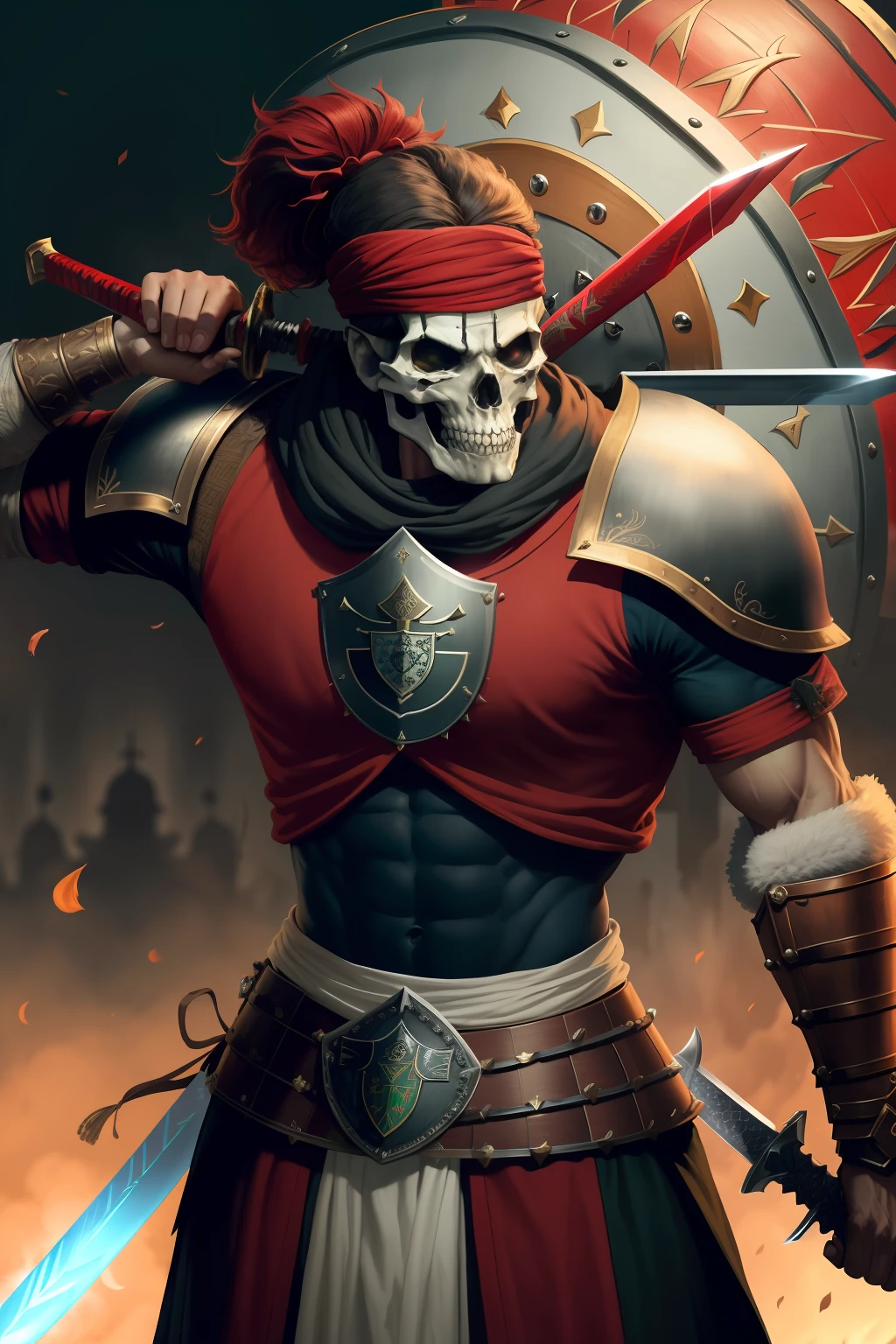personagem do jogo killer instinct, Crie um guerreiro esqueleto impressionante e realista empunhando uma (((Arabic sword in one hand))) e um (((Round medieval shield in the other hand))). The appearance of the skeleton must be fearsome, with a skull reflecting a menacing expression and a fierce fighting pose. O personagem usa uma (((red headband))), aumentando sua aura intimidadora. Pay meticulous attention to detail, ensuring a highly detailed and realistic representation of the skeleton's shape. A cena deve ser ambientada em um ambiente medieval, with a background blur to focus attention on the skeleton warrior. Use Unreal Engine 5 to bring the character and scene to life, adicionando detalhes intrincados e melhorando a qualidade visual.