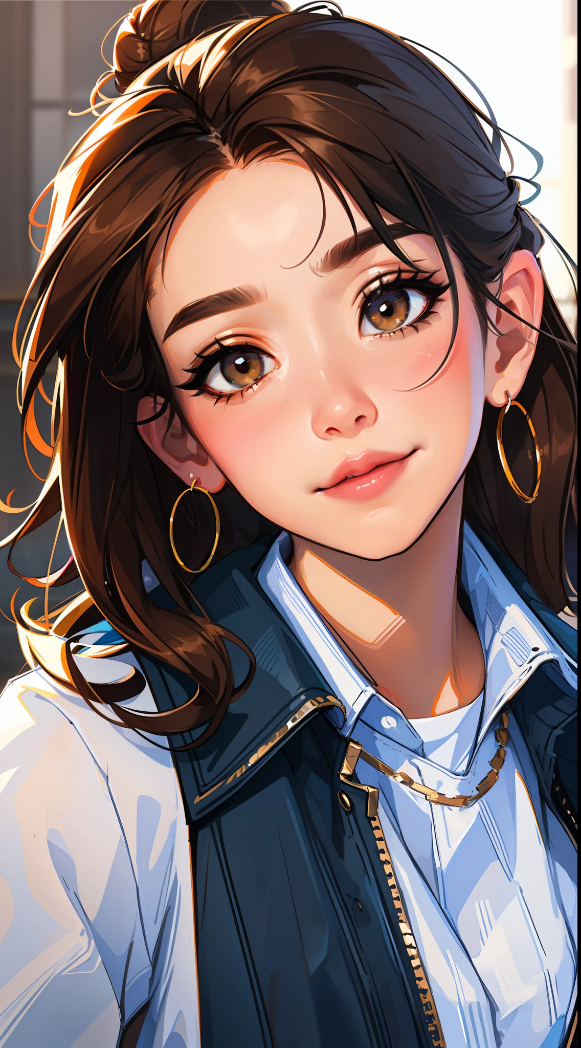 The environment is blurry and elegant, Model, High contrast required, jewels, earings, ???????, Shirt, jacket, brown hair, white  shirt, A bracelet, hair bun, single hair bun, long skirt, closed mouth, Hoop earrings, blue jacket, sleeves rolled up, Revealing clothes, makeup, white skirt, Detailed hair, glamor