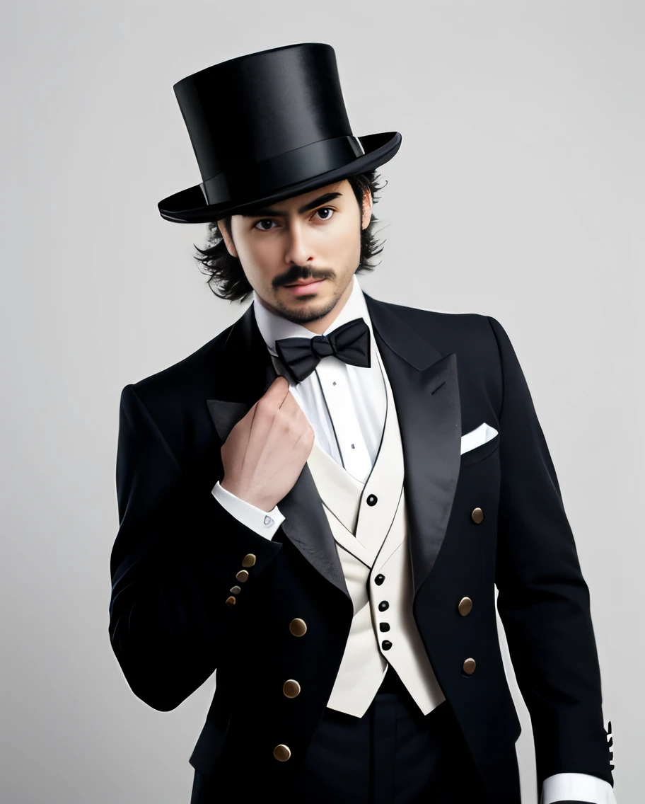 there is a man wearing a hat and a jacket and holding a hat, photo from a promo shoot, very very low quality picture, suit vest and top hat and gloves, posing as a jojo character, by Douglas Shuler, photo shoot, michael jackson, by Gavin Hamilton, he is wearing a top hat, by John Mossman, 'white background'!!!