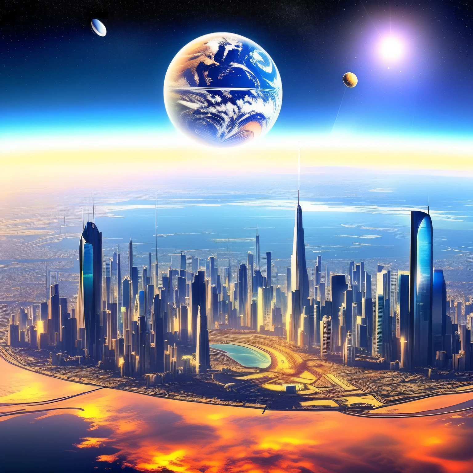 A futuristic city communicating with space。Spacecraft and communication equipment connect futuristic cities and outer space、New possibilities open up。