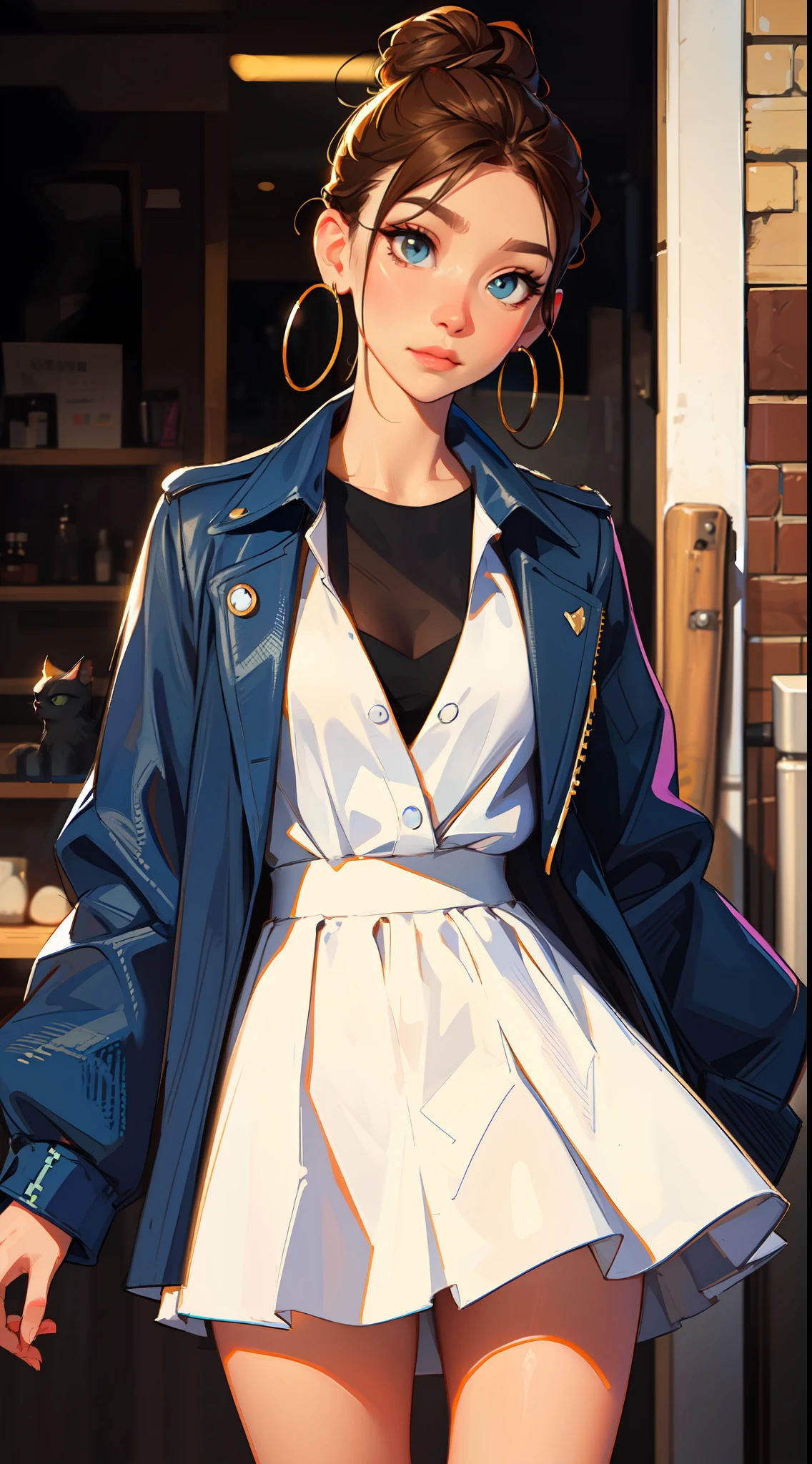 The environment is blurry and elegant, Model, High contrast required, jewels, earings, Upskirt, Shirt, jacket, brown hair, white  shirt, A bracelet, hair bun, single hair bun, long skirt, closed mouth, Hoop earrings, blue jacket, sleeves rolled up, Revealing clothes, makeup, white skirt, Detailed hair, looks at the cat