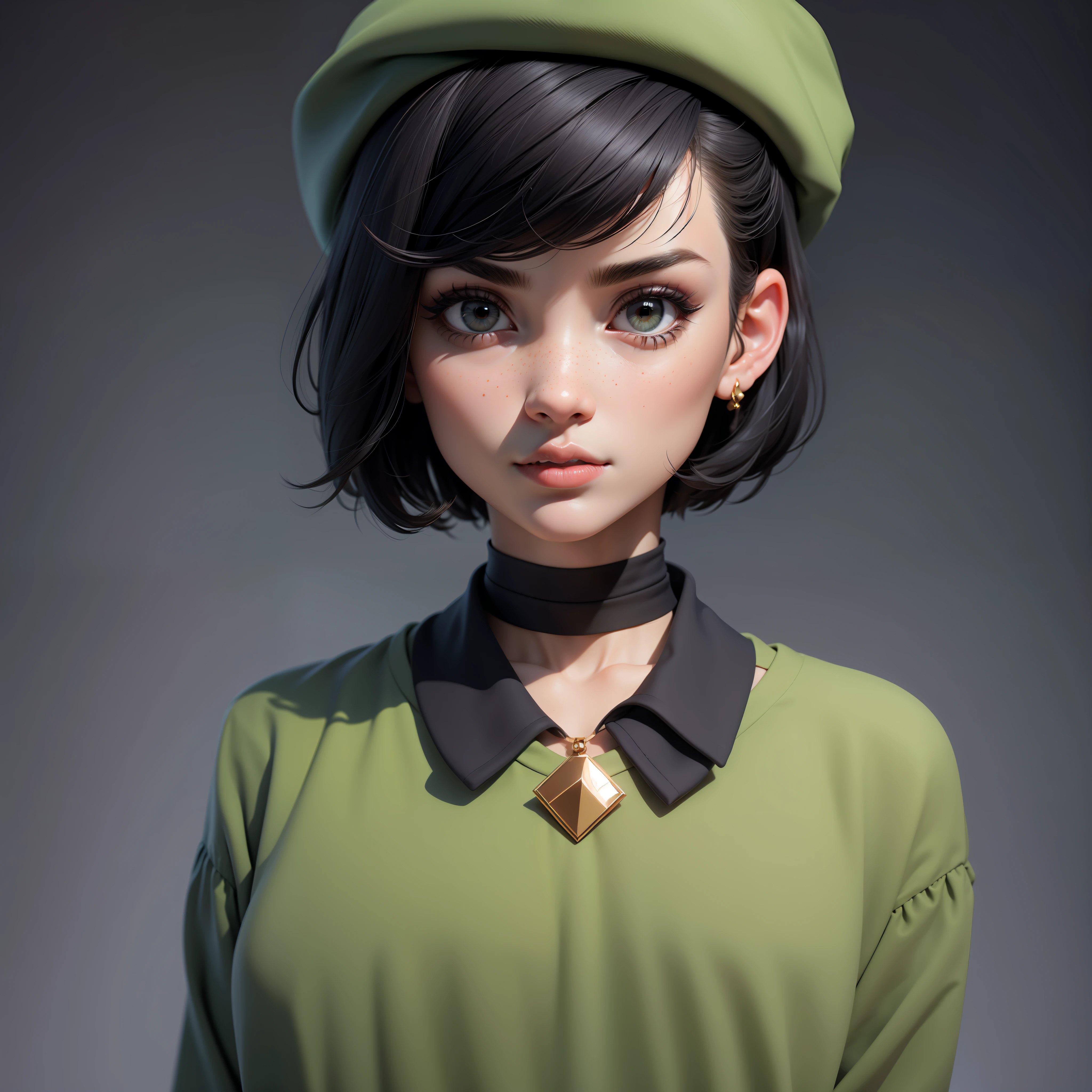 masterpiece, best quality, 3d rending work, 3DMM style, close-up, portrait, 3d, solo, black hair, beret, necklace, freckles, jewelry, two-tone hair, looking up, realistic, upper body, simple background, bangs, looking away, short hair, lips parted, black eyes, lips, choker, makeup, soft, green shirt, shirt