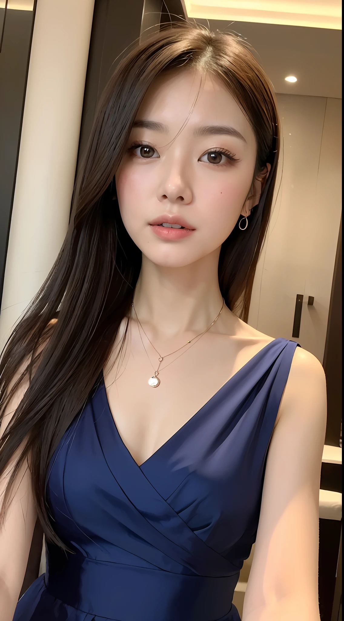 ((top-quality、in 8K、32K、​masterpiece、nffsw:1.2))、((Photo of one Japan woman))、((a necklace))、((Luxury hotel lounges))、((Pose Seductive))、((small tits))、((Model Figures))、((Realistic and detailed skin feeling))、((Luxury and detailed evening dress in deep blue color))、there is a woman that is holding a cell phone in her hands, 奈良美智, the face of a beautiful Japanese girl, deayami kojima, with very thin lips, japanese facial features, girl cute-fine-face, cute - fine - face, she has a cute expressive face, lovely delicate face, chiho