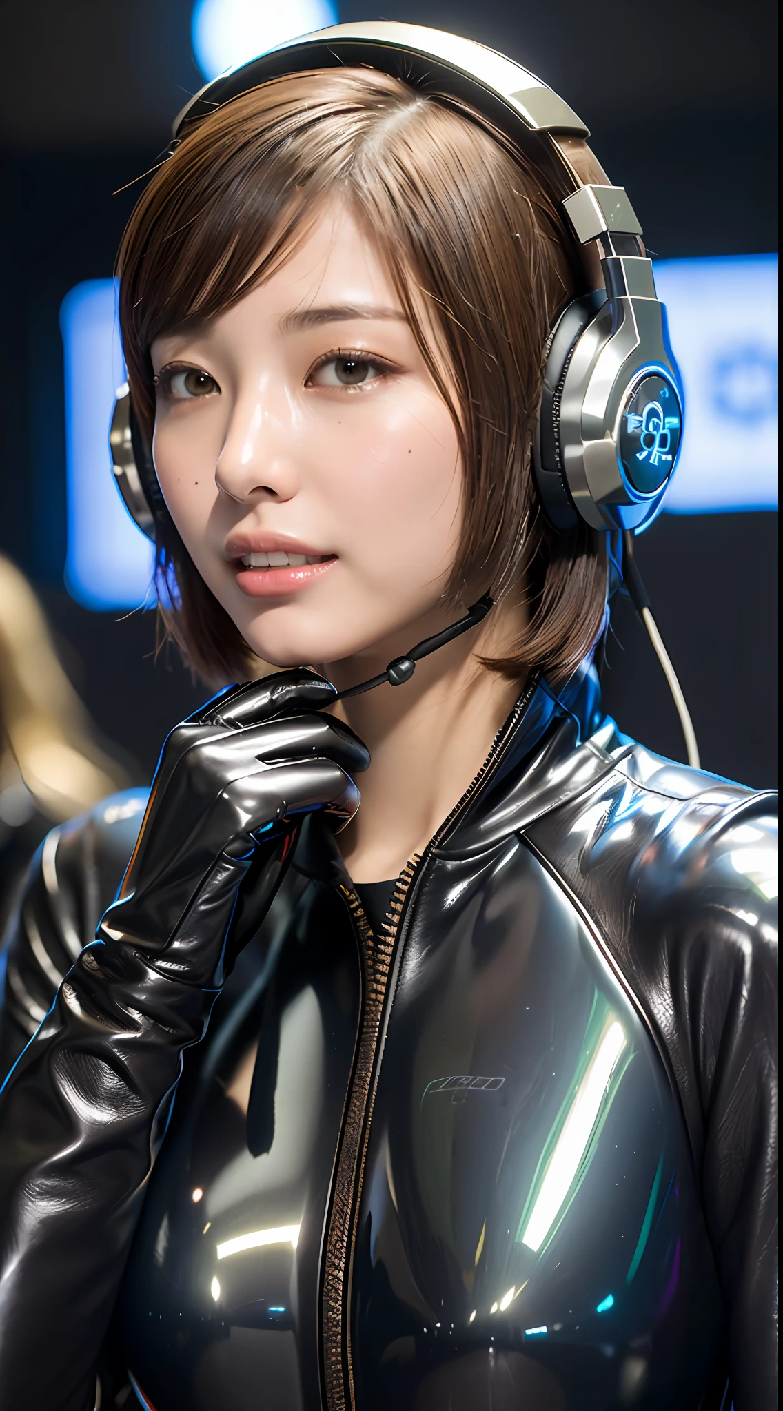 ((Best Quality)), ((Masterpiece)), ((Real)), ((1 Girl, Solo,), Universe, Planet,(Glossy, Yoroi, Circuit Suit),(Shorthair),Ultra-Detailed Brown Eyes,Ultra-Detailed Human Face,Ultra-Detailed Teeth,Leather Gloves, Headphones, Helmet), (Inside a Spaceship),