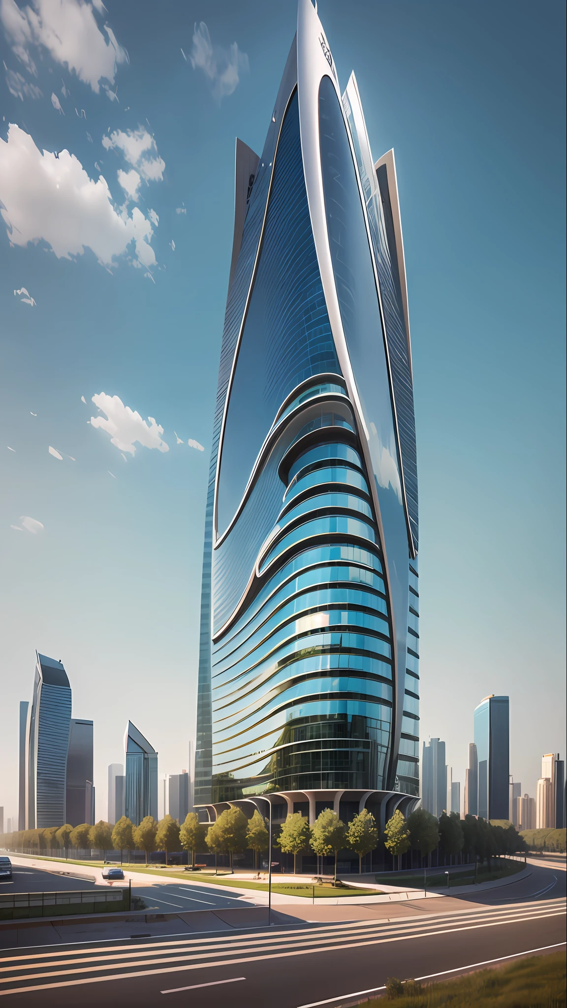 an architectural design rendering of a tall building with a LED screen on top, Located in Lusail Qatar Designed by Norman Foster, multistory building, modern, outdoors, scenery, tree, sky, building, day, blue sky, road, grass, sunlight --auto --s2