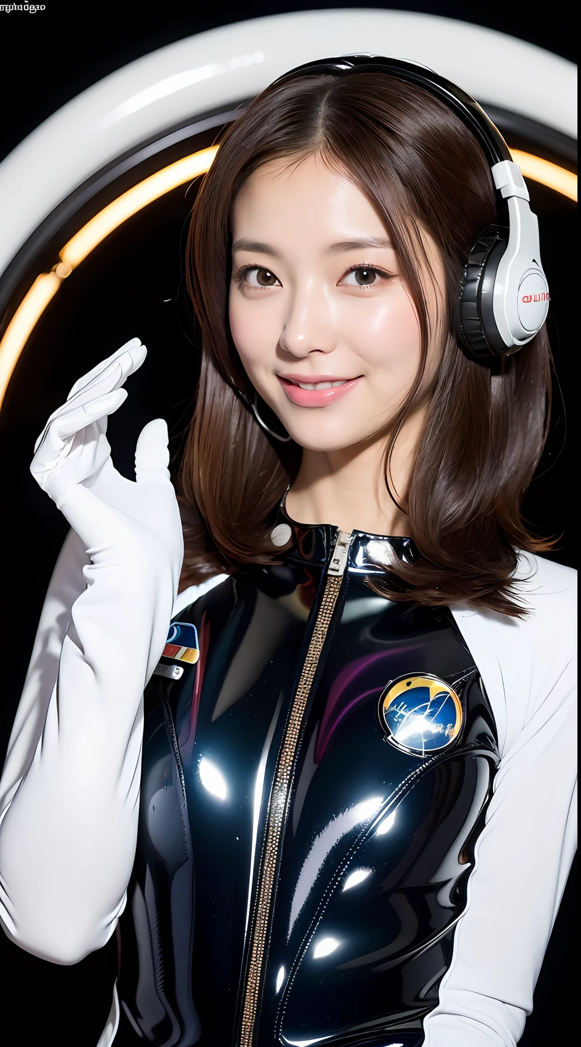 (Top Quality, 8k, 32k, Masterpiece, UHD: 1.2), Cute Japan Woman Pictures, 1 Girl, (Middle: 1.1), (Tall Women), (Slim Figure: 1.1), (Glossy, Circuit Suit), Dark Brown Hair), Double Eyelids, (Planetary, Space), Smile, Pilot Helmet, Headphones, Glossy, White Gloves,