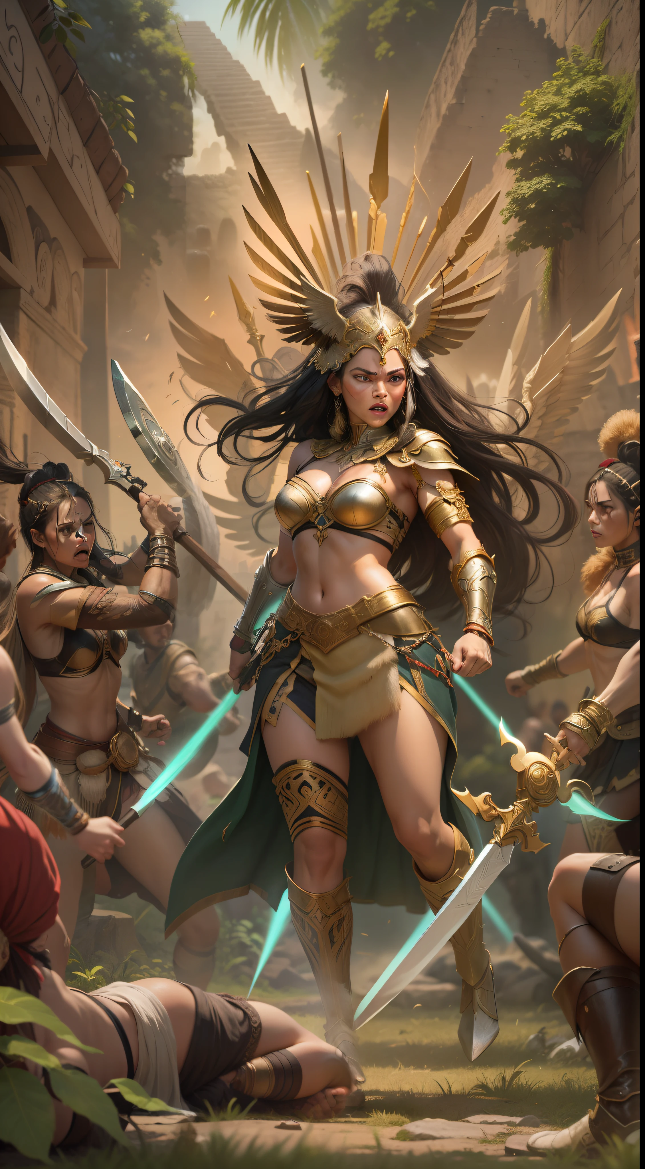 Generate an epic image in which a Valkyrie, A powerful and brave Nordic warrior, Face a group of Mayan warriors in an epic battle. The Valkyrie is dressed in gleaming armor and wields a shining sword as she challenges Mayan warriors.. Mayan warriors are equipped with spears and shields, mostrando su habilidad y destreza en el combate. The battle scenario is set in a stunning setting, with ancient ruins and lush vegetation. The Valkyrie and the Mayan warriors are immersed in an intense struggle, with dynamic movements and expressions of determination on their faces. The image captures the emotion and tension of the confrontation between these two warrior cultures., Showcasing the fusion of mythologies and cultural diversity in a moment of action and heroism