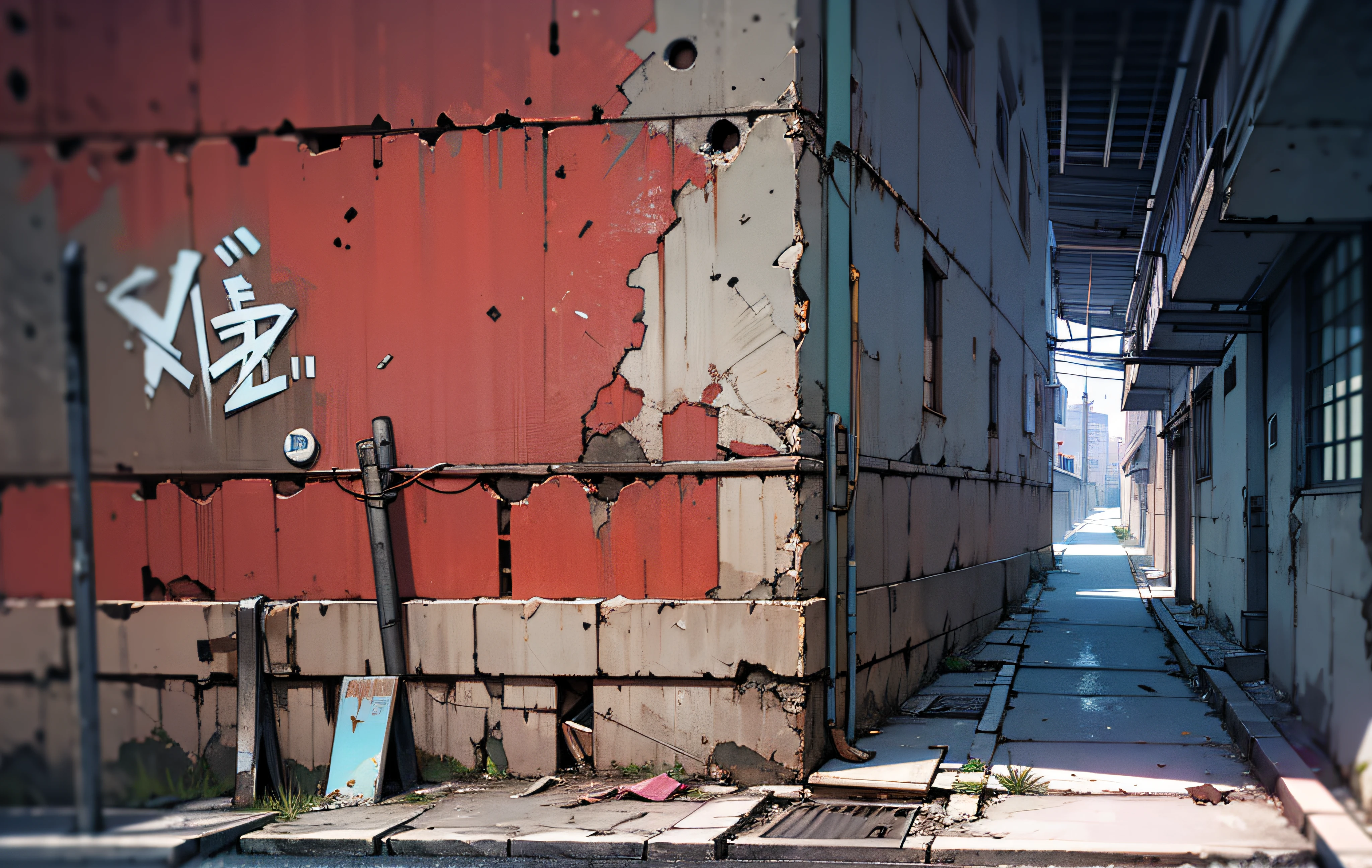 masterpiece, best quality, 8k, absurdres, (street, no humans, buildings:1.5), (metal signs, perspective, depth of field:1.2), scenery, cables, some garbage on the ground, rusty scrap, (damaged wall paint, dirty and cracked concrete wall:0.8), dusty, HDR, (bleach bypass, ginnokoshi:0.8), cinematic lighting, professional lighting, high contrast, sharp focus, highres, photography, hyperrealistic, ultra detailed, sharp details, finely detail