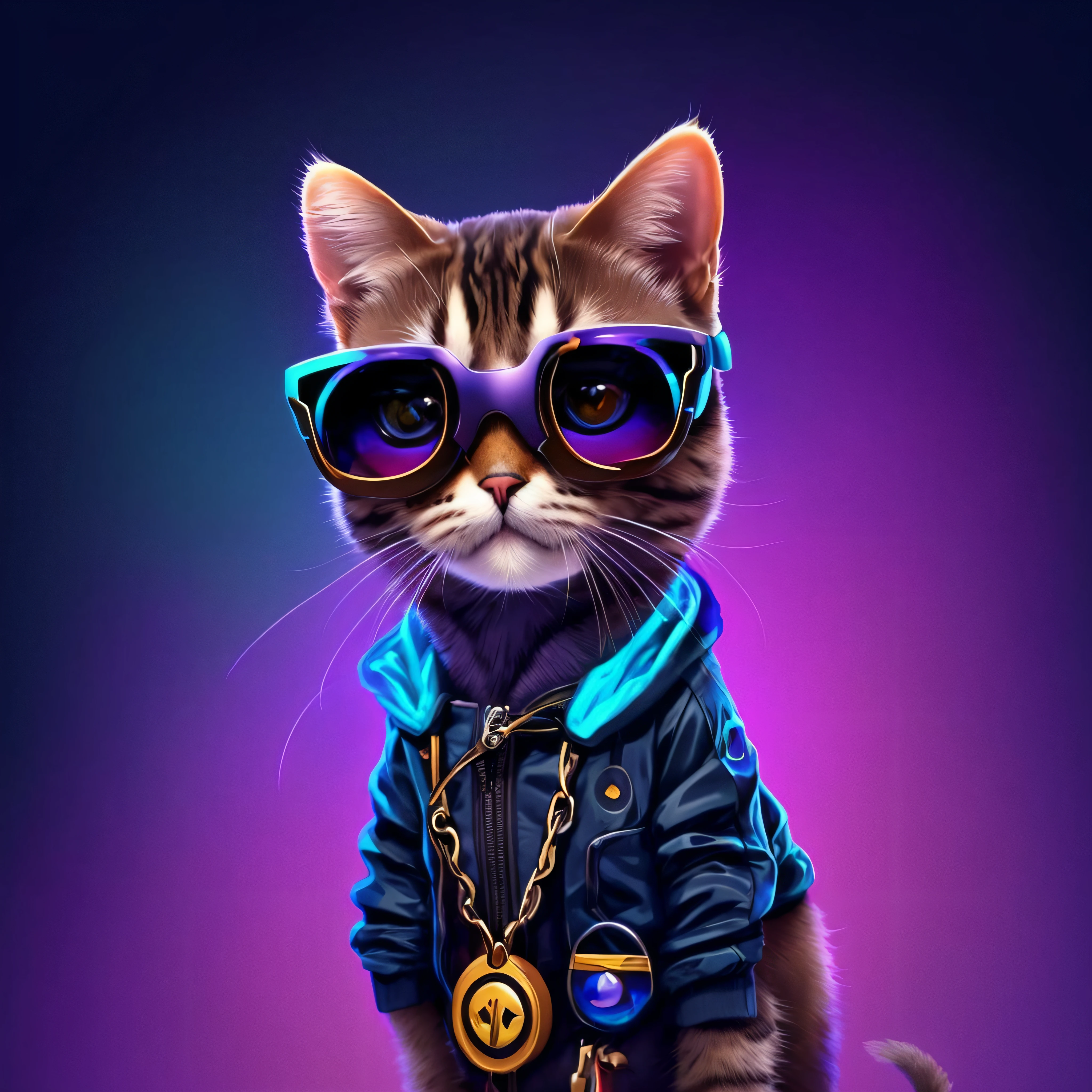 A closeup of a cat wearing sunglasses and a jacket, gato cyberpunk, olhando heckin legal e elegante, Gatos Neon bonitos, awesome cat, arte digital bonito, design do gato, gato ciborgue, CyberGato, arte digital peluda, gatinho ciborgue, !!! Gato!!!, painting digital adorable, anthropomorphic cat, papel de parede do telefone hd, Beeple e Jeremias Ketner