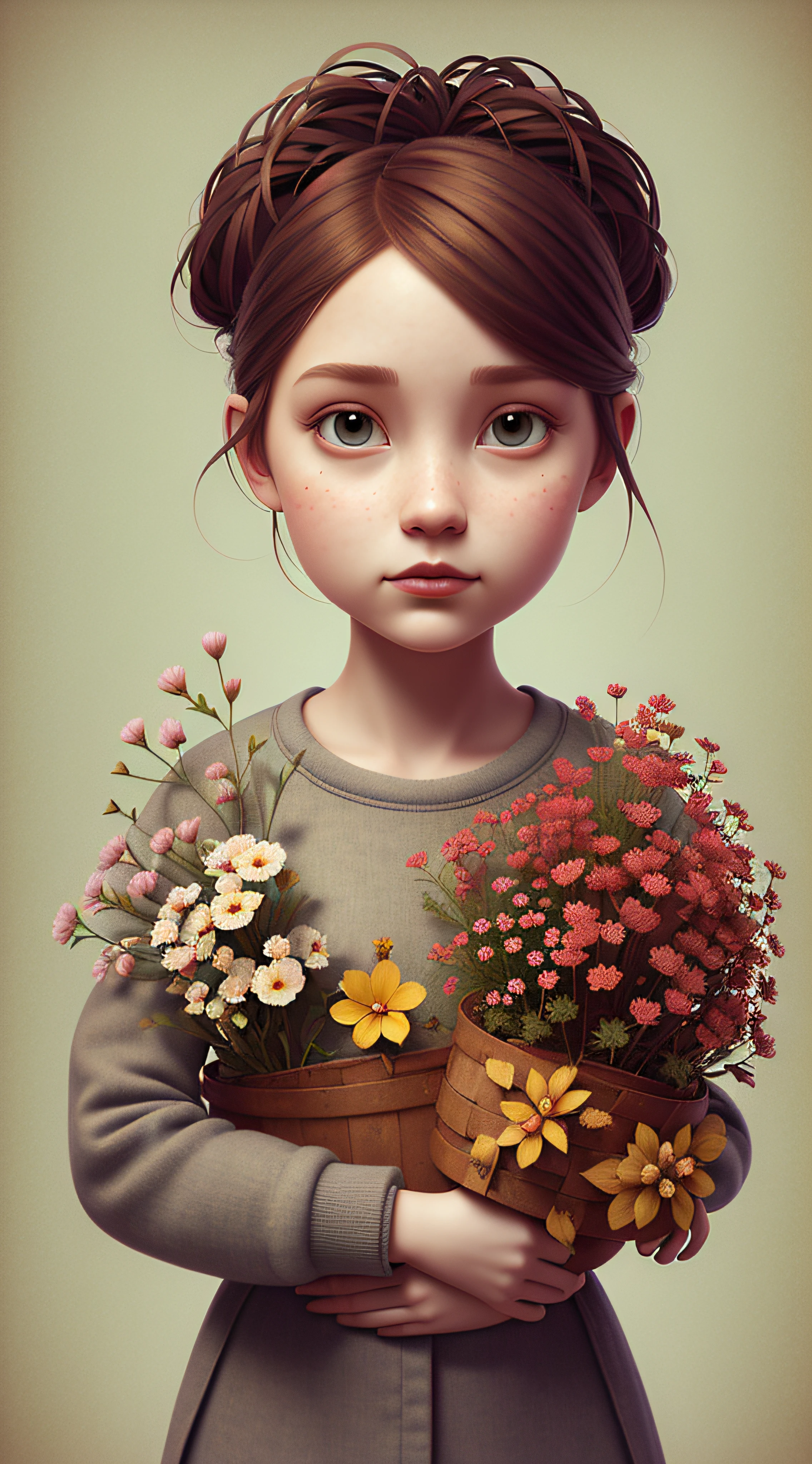 (pixarstyle:1.25) a waist-length portrait of a little girl with a basket of flowers, overgrown with poppy flower, natural skin texture, 4k textures, hdr, intricate, highly detailed, sharp focus, cinematic look, hyperdetailed