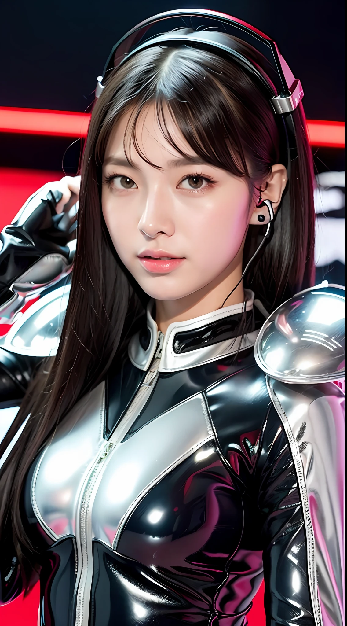 (Best Quality, 8k, 32k, Masterpiece, UHD: 1.2), Cute Japan Female Pictures, 1 Girl, (Middle: 1.1), (Tall Women), (Slim Figure: 1.1), (Glossy, Silver Yoroi, Leather Circuit Suit), Long Hair, Double Eyelids, Glossy, Red Gloves, Spaceship, Spaceship Room, Planet, Pilot Helmet, Headphones,