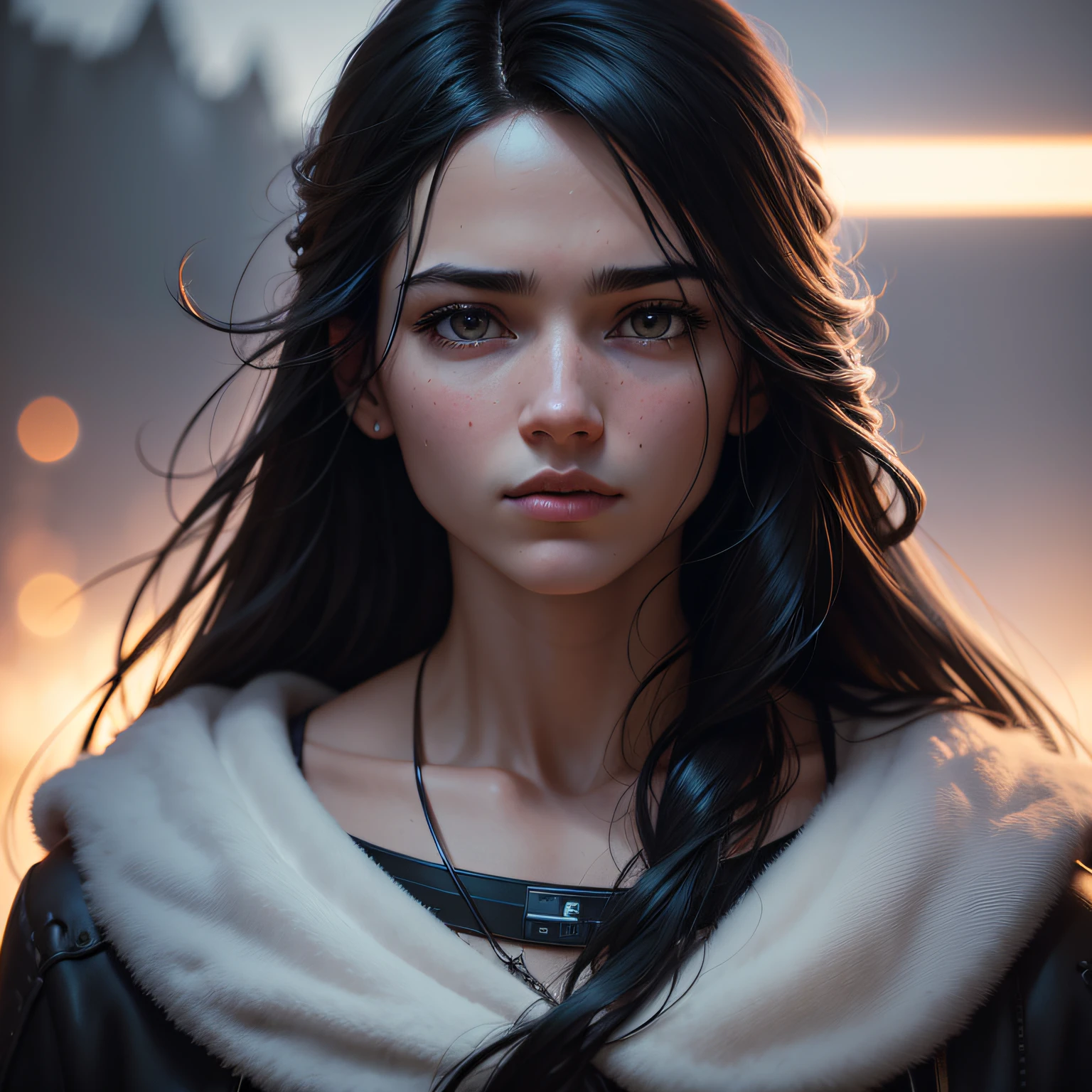 Cosmic portrait of modern day Jesus, cinematic lighting, depth of field, bokeh, realism, photorealistic, hyperrealism, professional photography, uhd, dslr, hdr with a soft, dreamy 8mm lens.
   soft snow sky. Use 8K high definition. Art style Greg Rutkowski, Android Jones, Tamsyn. Complex and  elegant and highly detailed surreal, cinematic and octane rendering. black hair --auto