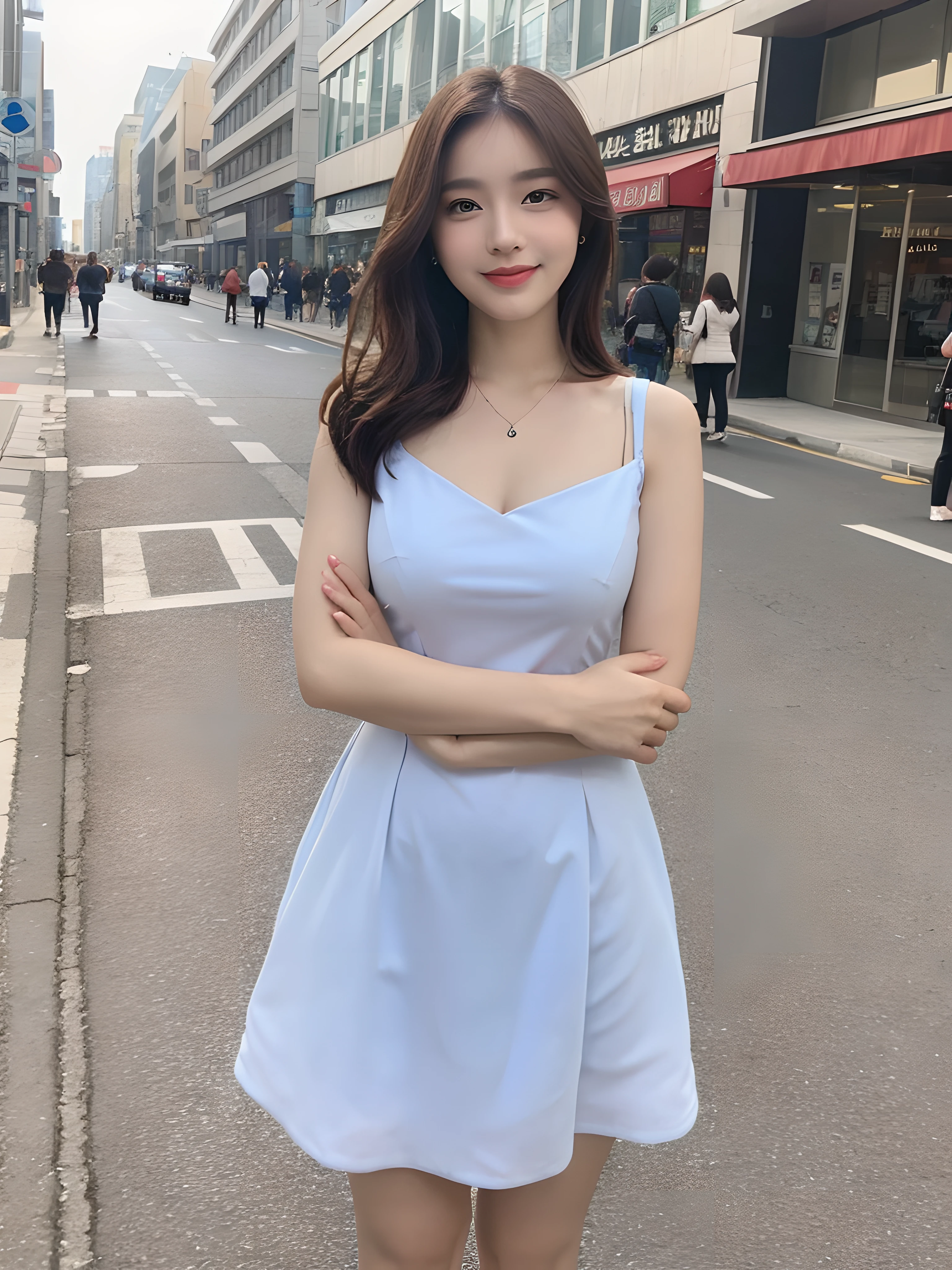 ((Best Quality, 8K, Masterpiece: 1.3)), Fat Body Beauty: 1.4, 30 years old, mature, Bust fullness: 1.6, Thigh Volume: 1.6, Highly detailed face and skin texture, Delicate eyes, Double eyelids, Chubby face, thin lips, smile, fair skin, (dress: 1.6), Standing posture, city street background