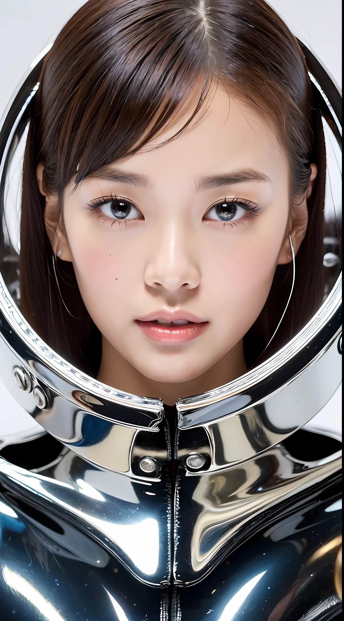 (Top Quality, 8k, 32k, Masterpiece, UHD: 1.2), Cute Japan Female Pictures, 1 Girl, (Middle: 1.1), (Tall Women), (Slim Figure: 1.1), (Glossy, Silver Yoroi, Leather Circuit Suit), Dark Brown Long Hair, Double Eyelids, Glossy, Globe, Space, Planet, Open Mouth,