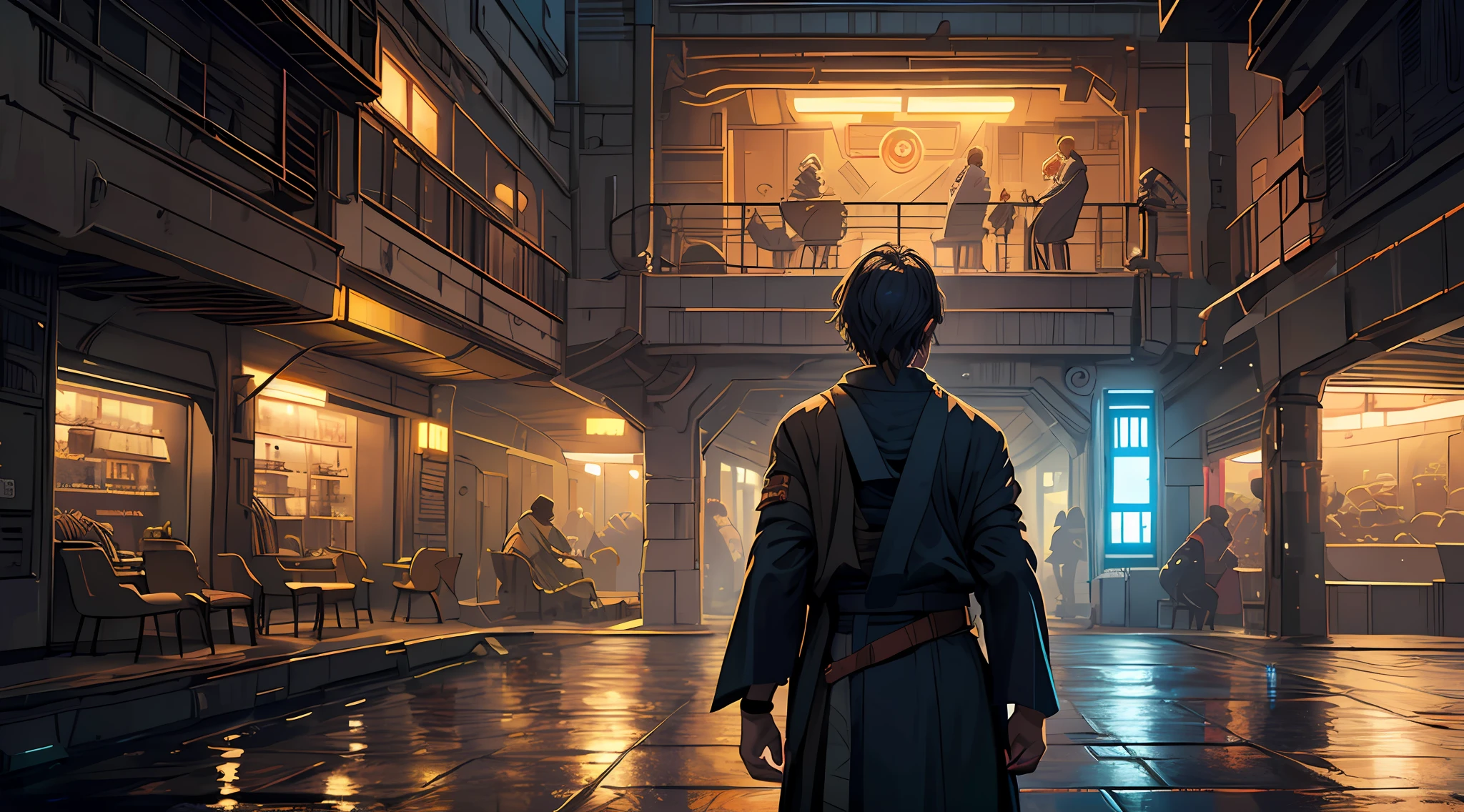 Ultra-detailed illustration of (((jedi em em Coruscant:1.15)))), observando, alta resolução, Back view, atmosfera densa, horror, extremamente detalhado